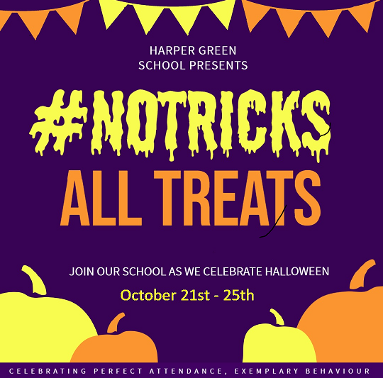HarperGreen's tweet photo. Can you feel it? That’s right, next week we welcome the return of #NoTricksAllTreats

Students who are #inschool #ontime, show #expemplarlybehaviour will be entered into a daily draw!

We have one week to go. Can you make it into all 4 draws? #everydaycounts #attendancematters https://t.co/zJHk8Defew