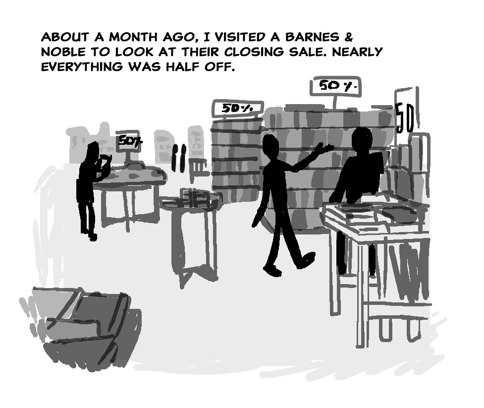 cartoonishly's tweet photo. A comic I made about a feeling I've had recently when I visited a closing sale at a Barnes &amp; Noble store.
(1/2)
✏️💭
#autobio #autobiocomic #comics #digitalart https://t.co/w3Fb6ka58q