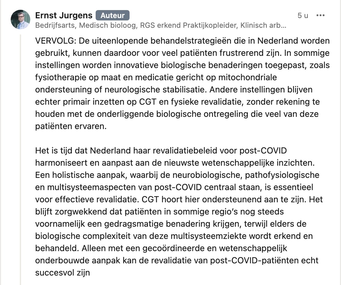 PeeNee2's tweet image. Belangrijke visie van Ernst Jurgens, bij #LongCovid betrokken bedrijfsarts en microbioloog:
"Inconsistente Zorg voor Post-Covid: Nederland Moet Wetenschappelijke Inzichten Volgen."
Met duidelijk statement over het (niet) toepassen van CGT.
Op LinkedIn:
linkedin.com/posts/bedrijfs…