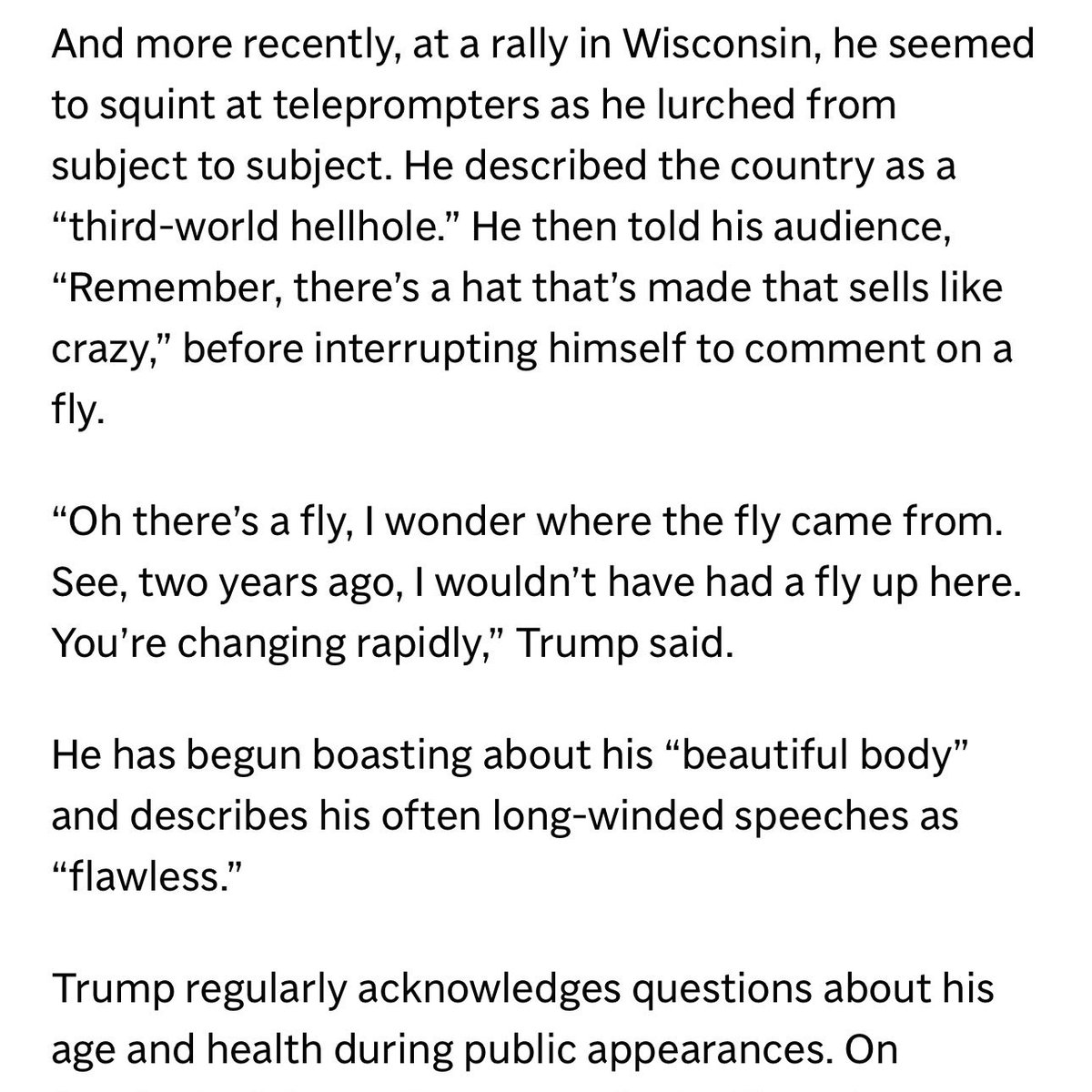 Wow: this Associated Press exposé on Trump’s “refusal to disclose details about his physical or mental well-being,” breaking decades of precedent, is a must read. They write there are multiple “red flags for cognitive issues.”

apnews.com/article/trump-…