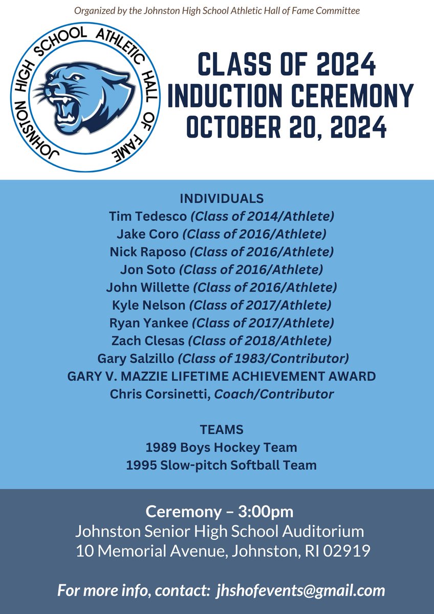 Looking forward to celebrating Johnston High School's rich sports tradition this afternoon when the JHS Athletic Hall of Fame inducts the Class of 2024 at 3pm in the high school auditorium.
Event is free &amp; open to the public. Hope to see you there!
#PantherPride🐾
<a href="/Johnston_AD1/">Johnston AD</a>