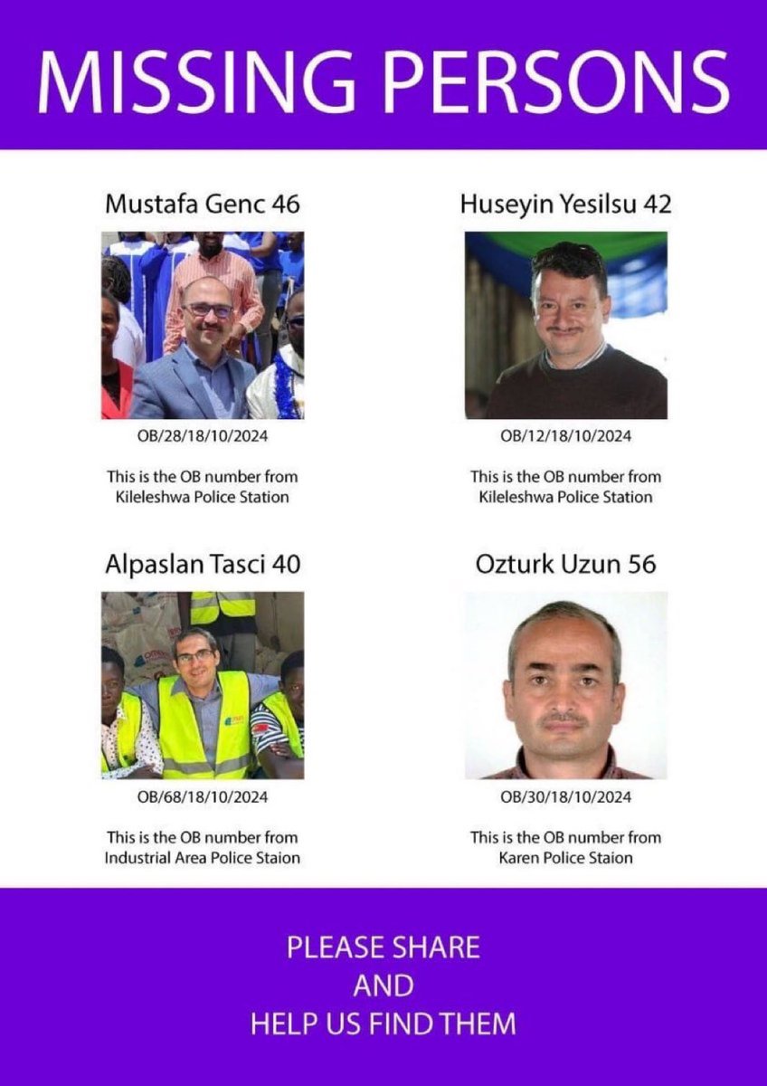 AmnestyKenya's tweet photo. It has been over 30 hours. There has been no substantive statement by Kenyan authorities. Mustafa Genç, Öztürk Uzun, Alparslan Taşçı, Hüseyin Yeşilsu remain missing after abduction under @UN protection on Kenyan soil.
#TransnationalRepressionKE 
Not that a #HappyMashujaaDay2024 https://t.co/APL1GpExro