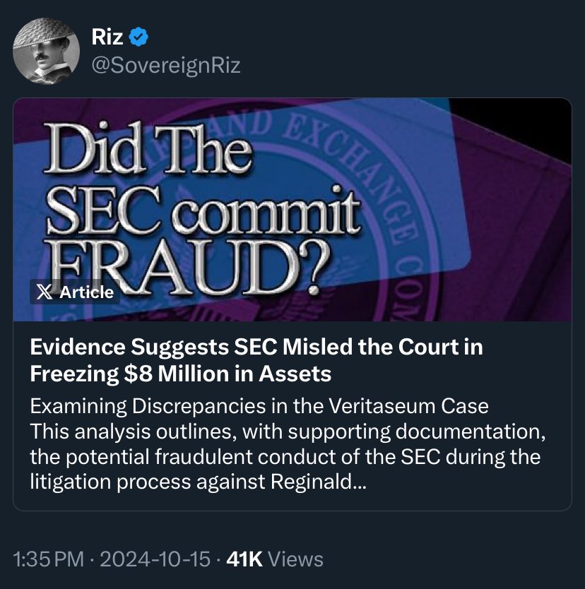 SovereignRiz's tweet photo. WILL #DEFI BE SAVED FROM THE SEC BY THE VERITASEUM COMMUNITY? 

- Bar Complaint against Jorge Tenreiro, the SEC’s Chief of the Crypto Asset and Cyber Unit

- Judicial Complaint against NY Judge Jennifer Schecter 

- Exposing the actions of Patrick Doody, Roseann Daniello and others

- Dossier supporting the Vacating or Setting Aside of the SEC case against @ReggieMiddleton 

- Is “Digital Asset Security” a made up term for the SEC to justify jurisdiction?

Tip of the Iceberg!
#Follow for further developments. 

Articles threaded below.