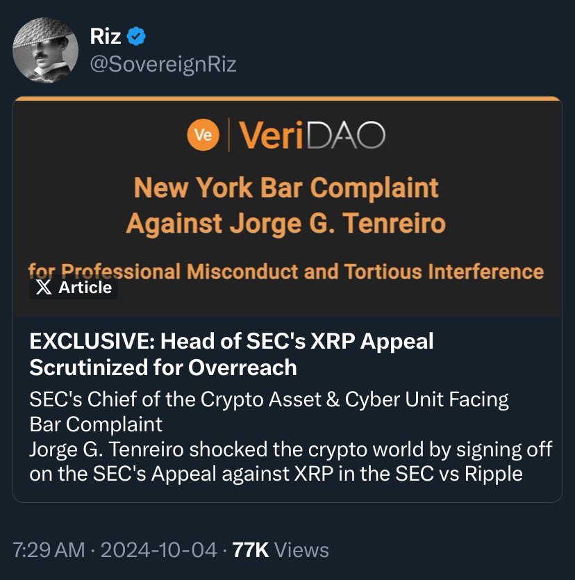 SovereignRiz's tweet photo. WILL #DEFI BE SAVED FROM THE SEC BY THE VERITASEUM COMMUNITY? 

- Bar Complaint against Jorge Tenreiro, the SEC’s Chief of the Crypto Asset and Cyber Unit

- Judicial Complaint against NY Judge Jennifer Schecter 

- Exposing the actions of Patrick Doody, Roseann Daniello and others

- Dossier supporting the Vacating or Setting Aside of the SEC case against @ReggieMiddleton 

- Is “Digital Asset Security” a made up term for the SEC to justify jurisdiction?

Tip of the Iceberg!
#Follow for further developments. 

Articles threaded below.