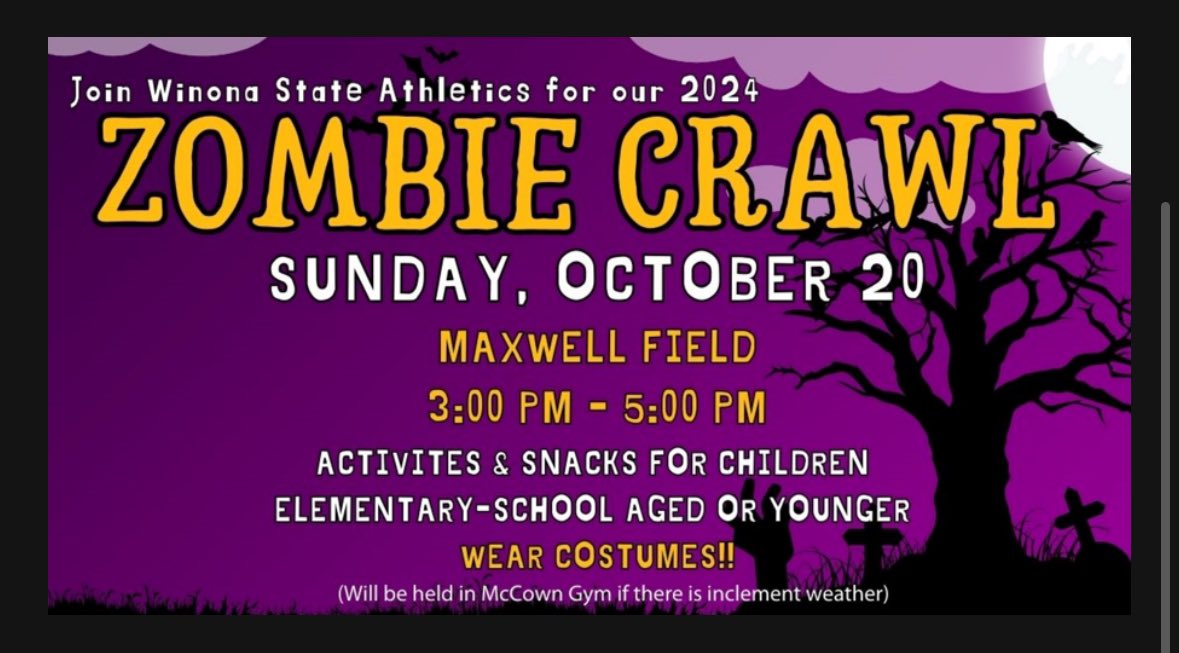 Today’s the day!

Zombie Crawl
📍Maxwell Field
⏰ 3:00p - 5:00p

See you there after soccer ⚽️ v. SMSU!