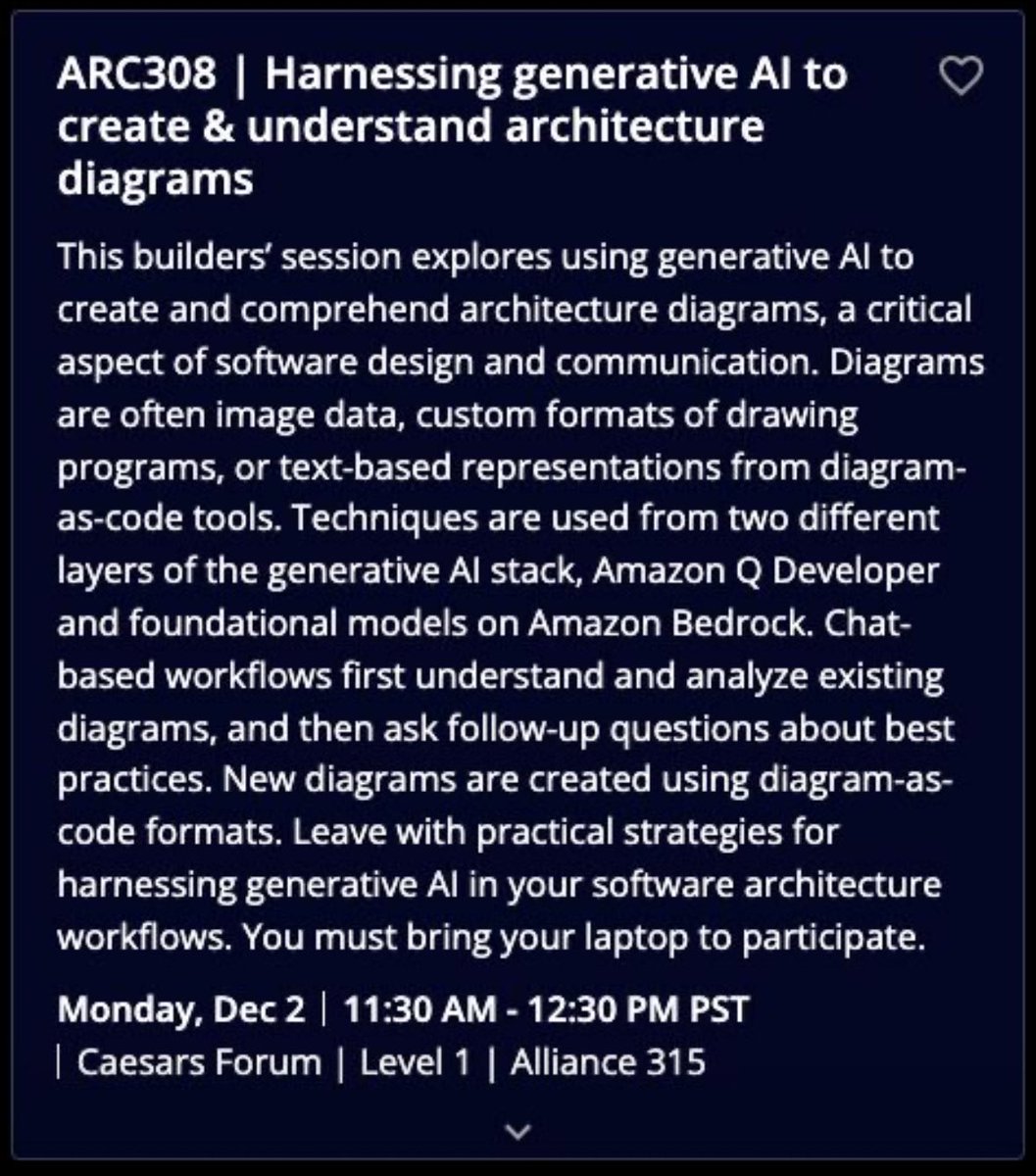Do you design or analyze software systems at the system or architectural level, class level, or even user flows? Join us for a builder’s session (ARC308) at #AWS re:Invent to learn how to use generative AI to help with this work.

🔗 registration.awsevents.com/flow/awsevents…