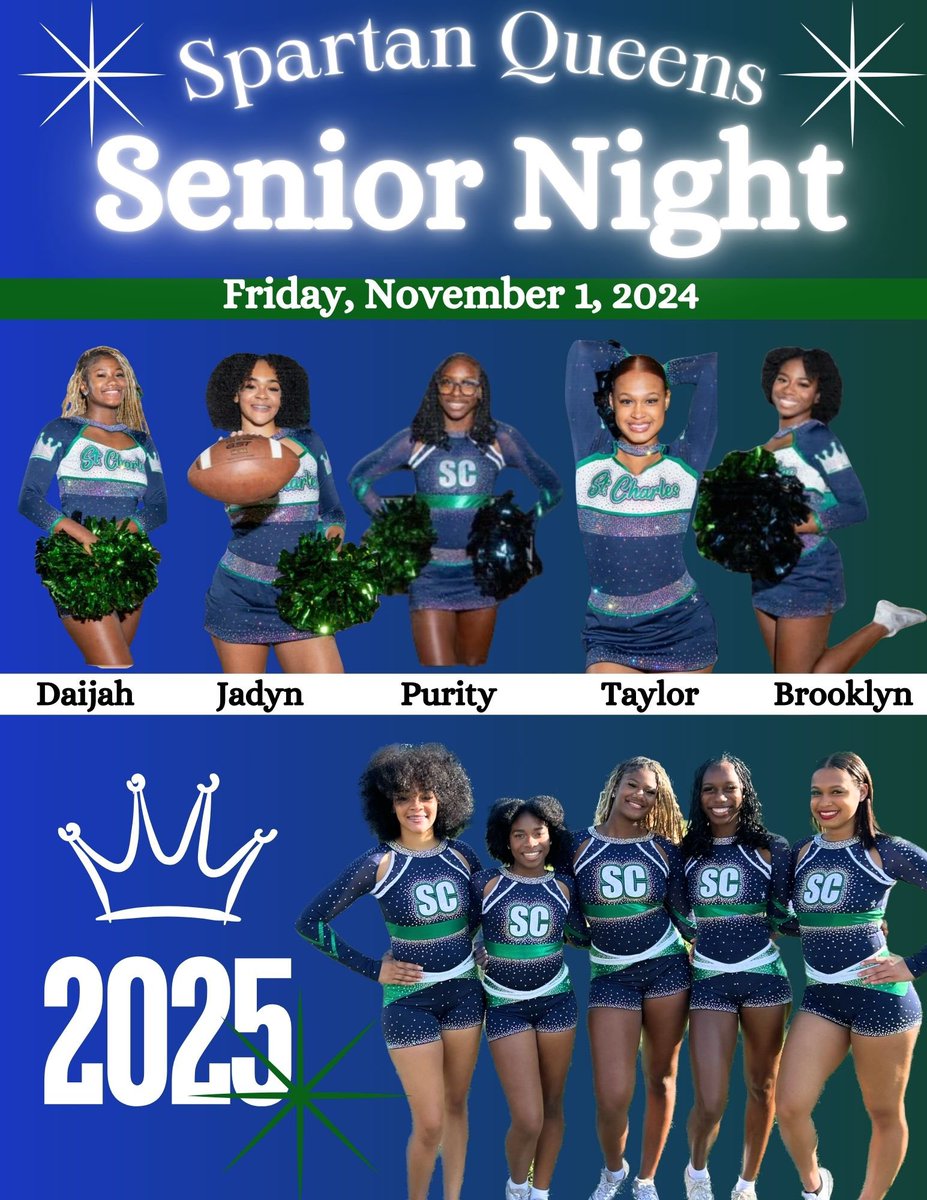 SAVE the DATE &amp; Come Celebrate our Class of 2025 Spartan Queens as we Recognize them during Halftime on November 1st👑
<a href="/StCharles_sga/">Spartan SGA</a> @SchsSathletics <a href="/StCharlesHS/">St Charles High School</a>