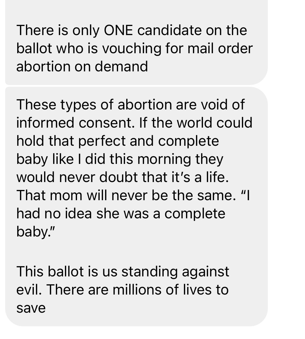 conservmillen's tweet photo. An L&D nurse asked me to share this story that shows the tragedy of the abortion pill and what’s at stake in this election. 

This patient came in to deliver her second trimester baby, whom she tried to kill via abortion pills. The dying baby was delivered, and when she was, the mother realized what she’d done. She hadn’t known her baby was really more than a clump of cells: “I had no idea she was a complete baby.” The baby later took her last breath in the nurse’s arms. 

As the nurse said to me: “There is only ONE candidate on the ballot who is vouching for mail-order abortion on demand.”

Lord, have mercy on us.