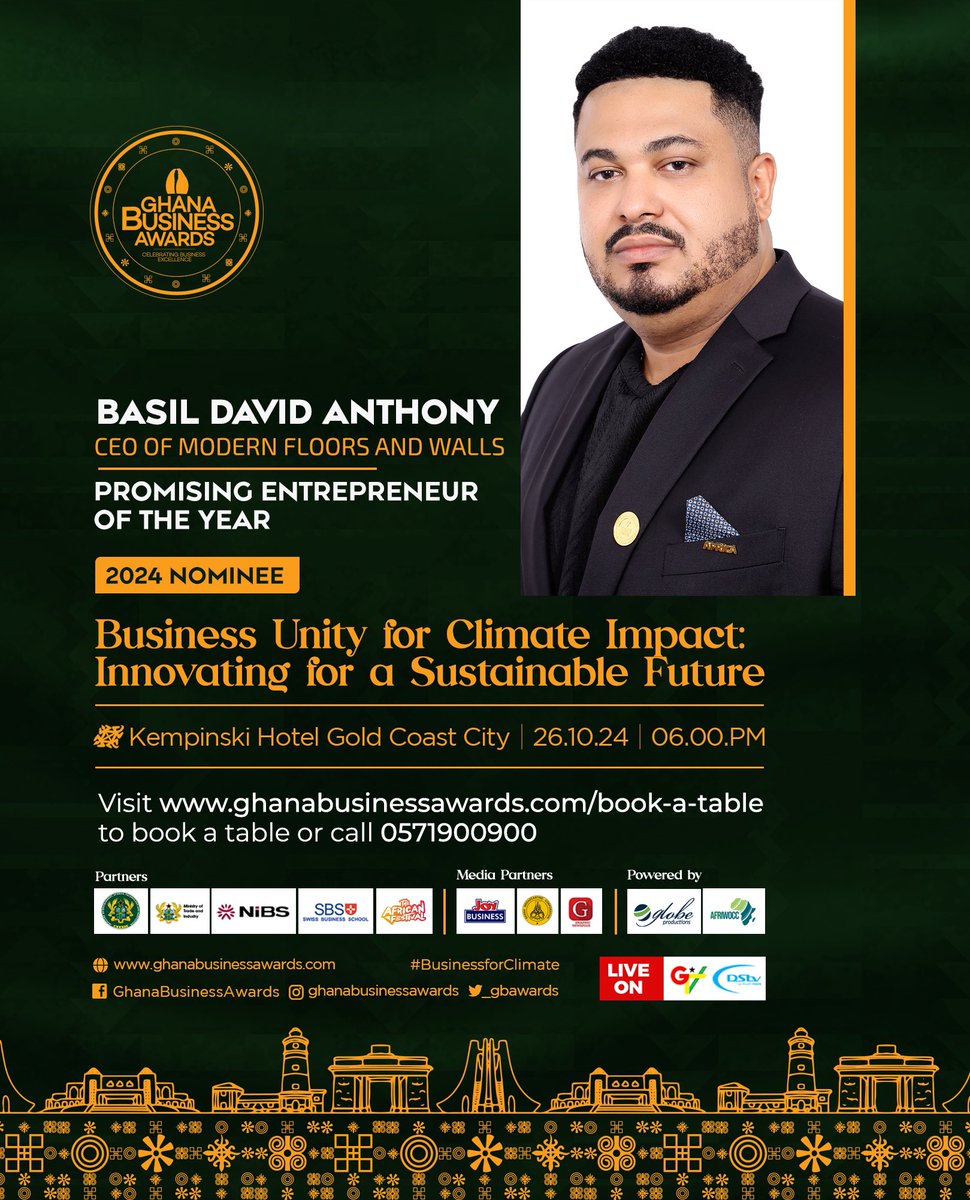 Honored to be nominated as Promising Entrepreneur of the Year at the prestigious 7th Ghana Business Awards 2024🏆

A big thank you to everyone who has been part of this incredible journey!

#GBAwards2024 #GhanaBusinessAwards #BasilDavidAnthony #CEO #ModernFloorsAndWalls