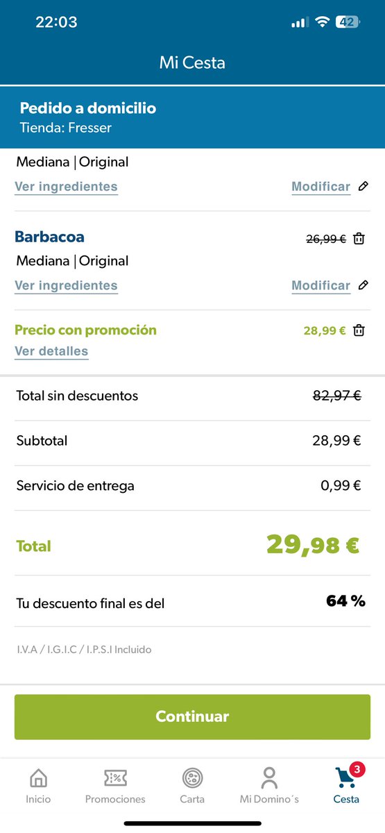 A ver si lo entiendo <a href="/DominosPizza_ES/">Domino's Pizza España</a>. Sin el descuento las 3 pizzas medianas serían más de 82€? 🤣🤣🤣