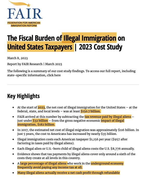 4familyfreedom4's tweet photo. AMERICAN’S COST TO SUPPORT ILLEGAL IMMIGRANTS THIS
Each ILLEGAL IMMIGRANT COSTS the U.S. more per year than it spends on the average FOOD STAMP RECIPIENT or MEDICAID BENEFICIARY, according to an analysis by the House Budget Committee that was shared first with The Washington Times. THE TOTAL NET COST TO THE U.S. IS MORE THAN $150 BILLION A YEAR,

THE TIMES THE $150 BILLION FIGURE IS A “CONSERVATIVE ESTIMATE.” He said the burden falls heavily on states and local governments, who according to the data spend more than $73 BILLION A YEAR on education, nearly $22 BILLION on law enforcement and almost $19 BILLION ON MEDICAL CARE.

NEW STUDY ON ILLEGAL ALIEN TAX CONTRIBUTIONS
AUGUST 26, 2024
This chaos is also imposing record costs on Americans. Last year, FAIR published a report entitled the Fiscal Burden of Illegal Immigration on United States Taxpayers. The study strives to illustrate the myriad of ways AMERICANS PAY FOR ILLEGAL IMMIGRATION. Our estimate, which is a conservative one, is that AMERICANS NOW PAY $150.7 BILLION DOLLARS ANNUALLY DUE TO ILLEGAL IMMIGRATION. This figure represents a net cost. In terms of GROSS EXPENDITURES DUE TO ILLEGAL IMMIGRATION, we estimate that AMERICANS PAY $182 BILLION. APPROXIMATELY $31 BILLION IS RECEIVED FROM ILLEGAL ALIENS IN TAXES, ONLY 17 PERCENT OF THE COSTS THEY CREATE.
FISCAL COSTS THAT WILL BE INCURRED WHEN ALL OF THE PAROLEES WHO HAVE ARRIVED SINCE THE START OF FY 2022 BECOME FULLY ELIGIBLE FOR FEDERAL BENEFITS. LOOKING AT ONLY THREE PROGRAMS, MEDICAID, SNAP, AND THE EARNED INCOME TAX CREDIT (EITC), AND using all of the same assumptions as our current report, we estimate that the costs of illegal immigration will increase by $20 billion. THAT MEANS THE GROSS COSTS DUE TO ILLEGAL IMMIGRATION WILL SOON SURPASS $200 BILLION. AND THIS DOES NOT EVEN INCLUDE OTHER FEDERAL BENEFITS PROGRAMS OR STATE AND LOCAL COSTS.

FEMA ONLY ILLEGAL IMMIGRANTS GET

What is the purpose of FY 2024 SSP?
Congress authorized and DIRECTED SSP FUNDING IN 2024 for costs associated with PROVIDING SHELTER AND OTHER eligible services to NONCITIZEN MIGRANTS who have been encountered and released by the Department of Homeland Security (DHS). DHS has committed to bolstering the capacity of non-federal entities to receive noncitizen migrants.
ALLOWABILITY
SERVICES ARE ONLY ALLOWED FOR NONCITIZEN MIGRANTS following their release from DHS. ALLOWABLE COSTS AND SERVICES must meet the following criteria:
Primary Services include shelter, food, transportation, acute medical care, personal hygiene, and labor for primary services. At least one primary service is required for all eligible applicants.
Secondary Services INCLUDE RENOVATIONS OR MODIFICATIONS TO EXISTING FACILITIES, CLOTHING, OUTREACH INFORMATION, TRANSLATION SERVICES, AND LABOR FOR SECONDARY SERVICES.
THE SHELTER AND SERVICES PROGRAM (SSP) is administered by the Federal Emergency Management Agency (FEMA) in partnership with U.S. Customs and Border Protection (CBP). SSP PROVIDES FINANCIAL SUPPORT TO NON-FEDERAL ENTITIES THAT PROVIDE HUMANITARIAN SERVICES TO NONCITIZEN MIGRANTS

In FY 2024, SSP-C WILL PROVIDE $340.9 MILLION to NON-FEDERAL ENTITIES for services associated with NONCITIZEN MIGRANT ARRIVALS in their communities.

This table provides an overview of immigrant eligibility for major federal public assistance programs, including:
SUPPLEMENTAL SECURITY INCOME (SSI)
SUPPLEMENTAL NUTRITION ASSISTANCE PROGRAM (SNAP)
TEMPORARY ASSISTANCE FOR NEEDY FAMILIES (TANF)
EMERGENCY MEDICAID (INCLUDES LABOR AND DELIVERY)
FULL-SCOPE MEDICAID
CHILDREN’S HEALTH INSURANCE PROGRAM (CHIP)
MEDICARE “PREMIUM-FREE” PART A (HOSPITALIZATION)
(ELIGIBILITY BASED ON WORK HISTORY.)
PREMIUM “BUY-IN” MEDICARE
HUD PUBLIC HOUSING AND SECTION 8 PROGRAMS
TITLE XX BLOCK GRANTS SOCIAL SECURITY