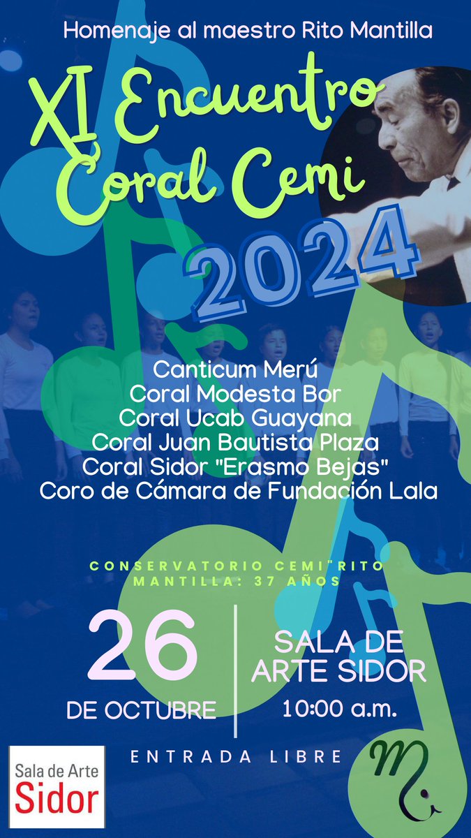 Esta semana, el Conservatorio Cemi "Rito Mantilla" realizará dos actividades en #CiudadGuayana. Conversatorio el miércoles en su sede en la Torre Caura y el sábado Encuentro Coral en la Sala de Arte Sidor en Alta Vista. #AgendaCultural