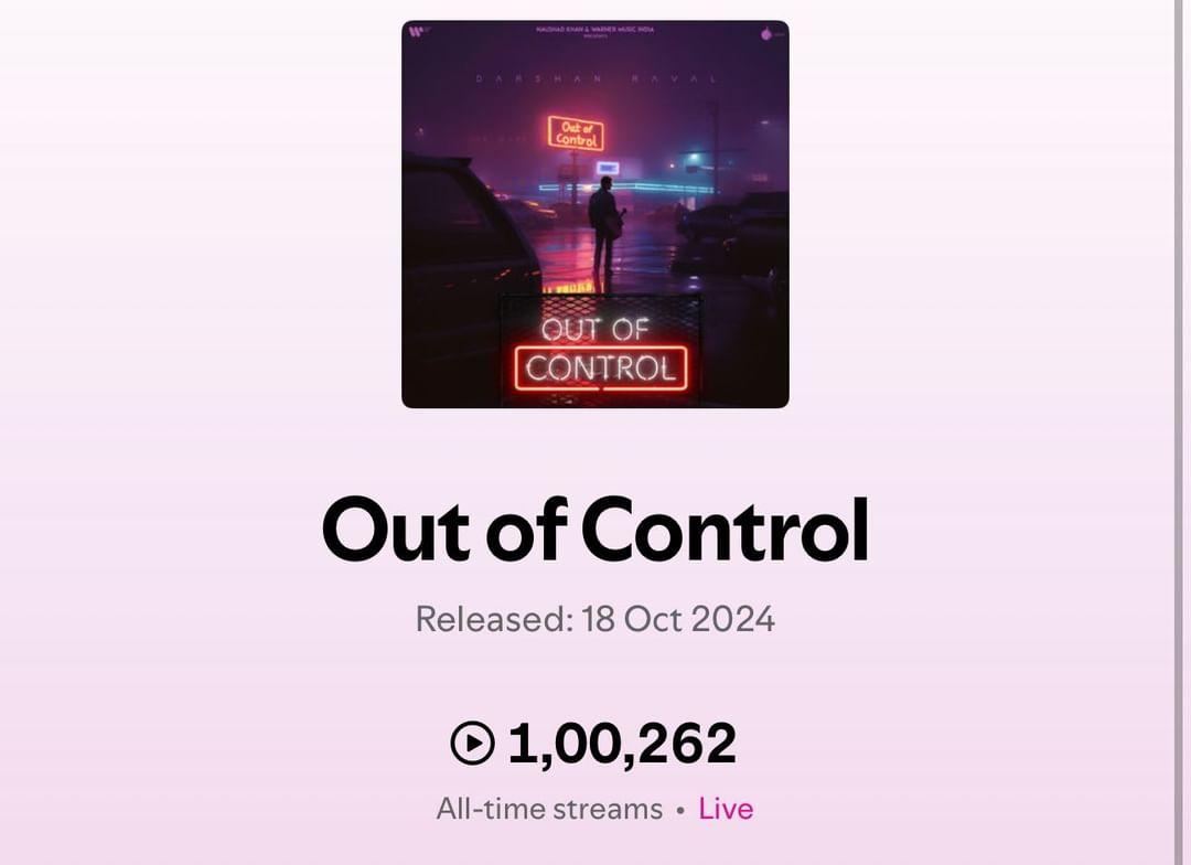 DR Data Analytics | Saathiya ❣️ (@drdataanalytics) on Twitter photo OUT OF CONTROL - Title Track
100,262+ Streams in live on <a href="/spotifyindia/">Spotify India</a> within just 2 days of release
STREAM & SHARE everywhere 🚀 OUT OF CONTROL - Title Track
100,262+ Streams in live on <a href="/spotifyindia/">Spotify India</a> within just 2 days of release
STREAM & SHARE everywhere 🚀