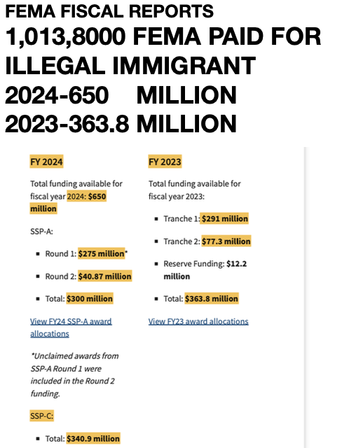 4familyfreedom4's tweet photo. FEMA FISCAL REPORTS 1,013,8000 BILLION
FEMA PAID FOR ILLEGAL IMMIGRANT
2024-650 MILLION
2023-363.8 MILLION

FEMA DOES NOT HAVE MONEY FOR HURRICANE RELIEF FOR AMERICAN CITIZEN’S. FEMA FUNDS ILLEGAL IMMIGRANT AND OUR GOVERNMENT PUTS THEM ON SOCIAL SECURITY AND MEDICARE
FAR LEFT EXTREMISTS SUPPORT ILLEGAL IMMIGRANTS WITH AMERICAN’S TAX DOLLARS. HERE ARE SOME OF FEMA’S FISCAL REPORTS. ILLEGAL IMMIGRANTS ARE ON OUR SOCIAL SECURITY AND MEDICARE.
YOU AND FAR LEFT EXTREMISTS
FALSELY ACCUSE PRESIDENT TRUMP OF DESTROYING SOCIAL SECURITY AND MEDICARE WHEN YOU ARE DESTROYING IT. AMERICAN CITIZENS DON’T QUALIFY FOR SOCIAL SECURITY OR DON’T RECEIVE ENOUGH THEY ARE 54.3% LIVE IN BELOW POVERTY LINEThe fact that FRA has moved later means that anyone who is claiming benefits going forward WILL NEED TO WAIT A LITTLE LONGER TO GET THEIR FULL MONTHLY PAYMENT. FUTURE RETIREES must know that so they can be PREPARED TO WORK FOR SOME EXTRA TIME or to accept a reduced retirement benefit.
BUT FOR ILLEGAL IMMIGRANTS LET’S JUST TAKE A LOOK
The Congressional Budget Office said on Tuesday that the U.S. NATIONAL DEBT is poised to top $56 TRILLION BY 2034, AS RISING SPENDING AND INTEREST EXPENSES OUTPACE TAX REVENUES. The mounting costs of SOCIAL SECURITY AND MEDICARE CONTINUE TO WEIGH ON THE NATION’S FINANCES, ALONG WITH RISING INTEREST RATES, WHICH HAVE MADE IT MORE COSTLY FOR THE FEDERAL GOVERNMENT TO BORROW HUGE SUMS
HURRICANE BERYL VICTIMS ARE STILL WAITING FOR THEIR $750 RELIEF FUNDS
$150.7 BILLION, SHARED BETWEEN FEDERAL AND STATE GOVERNMENTS,
FY 2024 $259.13 MILLION IN SSP grants that DHS 2024 Total funding available for fiscal year 2024: $650 million SSP-A:
Round 1: $275 million* ▪
Round 2: $40.87 million ▪ Total: $300 million
For Fiscal Year (FY) 2024, the U.S. Department of Homeland Security will provide $640.9 million of available funds to enable NON-FEDERAL ENTITIES TO OFF-SET ALLOWABLE COSTS INCURRED FOR SERVICES ASSOCIATED WITH NONCITIZEN MIGRANT ARRIVALS IN THEIR COMMUNITIES.
The funding will be distributed through two opportunities, $340.9 million through SSP – Competitive (SSP-C).
AN EMPLOYMENT AUTHORIZATION DOCUMENT (EAD), ALSO KNOWN AS A WORK PERMIT, PROVIDES MANY BENEFITS, INCLUDING:
LEGAL EMPLOYMENT: AN EAD ALLOWS YOU TO WORK LEGALLY IN THE UNITED STATES WHILE YOU'RE WAITING FOR YOUR GREEN CARD.
SOCIAL SECURITY NUMBER: YOU CAN GET A SOCIAL SECURITY NUMBER (SSN) WITH AN EAD.
DRIVER'S LICENSE: YOU CAN APPLY FOR A DRIVER'S LICENSE WITH AN EAD.
An EAD ENABLES you to OBTAIN A SOCIAL SECURITY NUMBER, a crucial step for employment, banking, and ACCESSING CERTAIN GOVERNMENT SERVICES in the U.S. If you've requested work authorization, you'll automatically receive your SSN from the Social Security Administration shortly after your EAD approval, facilitating a ..
HOW CAN I GET AN SSN AND CARD?
If you are an IMMIGRANT, YOU CAN APPLY TWO WAYS:
YOU CAN APPLY IN YOUR HOME COUNTRY BEFORE COMING TO THE UNITED STATES when filing an application for an immigrant visa with the U.S. Department of State. In most cases,
if you APPLY FOR AN SSN AND CARD WITH YOUR IMMIGRANT VISA APPLICATION, you don’t have to visit a Social Security office in the United States. (For more information, see https://t.co/9Y39SexNMU).
To get Medicaid and CHIP coverage, MANY QUALIFIED NON-CITIZENS. There are exceptions. For example, REFUGEES, ASYLUMS, OR LPRS WHO USED TO BE REFUGEES OR ASYLUMS DON’T HAVE TO WAIT 5 YEARS.
The TERM “QUALIFIED NON-CITIZEN” includes:
Lawful Permanent Residents (LPR/Green Card Holder)
ASYLEES
REFUGEES
CUBAN/HAITIAN ENTRANTS
PAROLED INTO THE U.S. FOR AT LEAST ONE YEAR