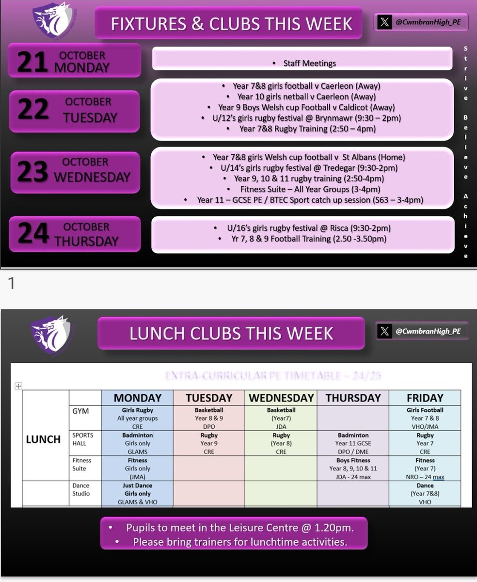 Clubs and fixtures for this week #NotInMissOut <a href="/CwmbranHead/">Matt Sims</a> <a href="/CwmbranHigh/">Cwmbran High School / Ysgol Uwchradd Cwmbran</a> <a href="/CwmbranHighYr7/">CHS Transition and year 7 with Mrs H</a> <a href="/CwmbHSWellbeing/">CHS Wellbeing</a>