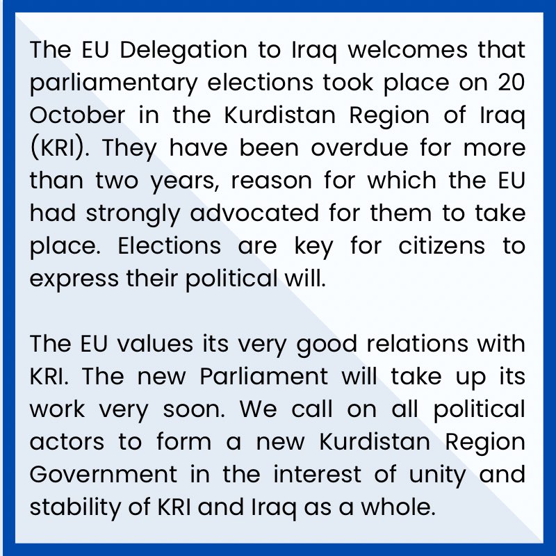 The European Union Delegation’s message on the Parliamentary election of the Kurdistan Region of Iraq.