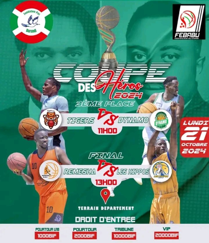MagazineJimbere's tweet photo. 🔴🏀 Qui d'entre @Remesha_BBC et @LesHipposBBC remportera la finale de la Coupe des Héros ?
📌 L'issue des dernières rencontres de la Coupe des Héros édition 2024 se décidera ce 21/10/2024
🔥 Pour la petite finale, @DynamoBbc va se frotter à #TigersBBC à 11h. Suivra enfin la grande finale entre #Remeshabbc et #LesHippos, 2 clubs qui avaient fait sensation lors des demi-finales la semaine dernière en éliminant respectivement Tigers BBC et #Dynamobbc
📍 Les 2 rencontres se dérouleront au terrain du Département des #Sports et de la #Culture
#Youth #JimbereSports