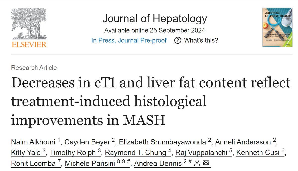 scottisaacsmd's tweet image. Decreases in cT1 and liver fat content #PDFF predict histological improvements in #MASH. Optimal thresholds: -80ms for cT1 and -58% for liver fat. Non-invasive MRI biomarkers could replace liver biopsies in clinical trials. 
​pubmed.ncbi.nlm.nih.gov/39326675/