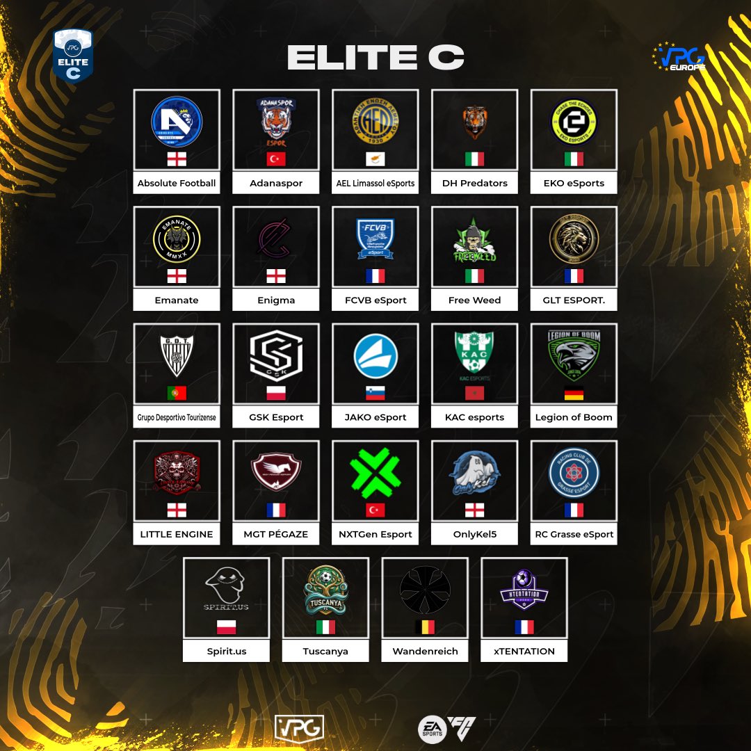 Virtual Pro Gaming (@officialvpg) on Twitter photo ๐ Welcome to Elite C!
๐ <a href="/VPGEurope/">Virtual Pro Gaming | Europe</a> ๐ช๐บ
โฝ๏ธ <a href="/EASPORTSFC/">EA SPORTS FC</a> 11v11 Clubs!
๐๏ธ October - December.
๐๐ฝ The teams!
<a href="/NXT_EsportsTR/">Nxtgen Esports</a> ๐น๐ท
<a href="/GsKEsport/">GsK Gaming</a> ๐ต๐ฑ
<a href="/FCVBeSport/">FCVB eSport</a> ๐ซ๐ท
<a href="/LegionofBoomX1/">Legion of Boom</a> ๐ฉ๐ช
<a href="/Spirit_us_pl/">Spirit.us</a> ๐ต๐ฑ
<a href="/AdanasporEspor/">ADANASPOR E-SPOR</a> ๐น๐ท
@Lil_Engine_VPG ๐ฌ๐ง
<a href="/RcGrasseeSport/">RC Grasse eSport CP</a> ๐ซ๐ท
@EKOProClub ๐ฎ๐น ๐ Welcome to Elite C!
๐ <a href="/VPGEurope/">Virtual Pro Gaming | Europe</a> ๐ช๐บ
โฝ๏ธ <a href="/EASPORTSFC/">EA SPORTS FC</a> 11v11 Clubs!
๐๏ธ October - December.
๐๐ฝ The teams!
<a href="/NXT_EsportsTR/">Nxtgen Esports</a> ๐น๐ท
<a href="/GsKEsport/">GsK Gaming</a> ๐ต๐ฑ
<a href="/FCVBeSport/">FCVB eSport</a> ๐ซ๐ท
<a href="/LegionofBoomX1/">Legion of Boom</a> ๐ฉ๐ช
<a href="/Spirit_us_pl/">Spirit.us</a> ๐ต๐ฑ
<a href="/AdanasporEspor/">ADANASPOR E-SPOR</a> ๐น๐ท
@Lil_Engine_VPG ๐ฌ๐ง
<a href="/RcGrasseeSport/">RC Grasse eSport CP</a> ๐ซ๐ท
@EKOProClub ๐ฎ๐น