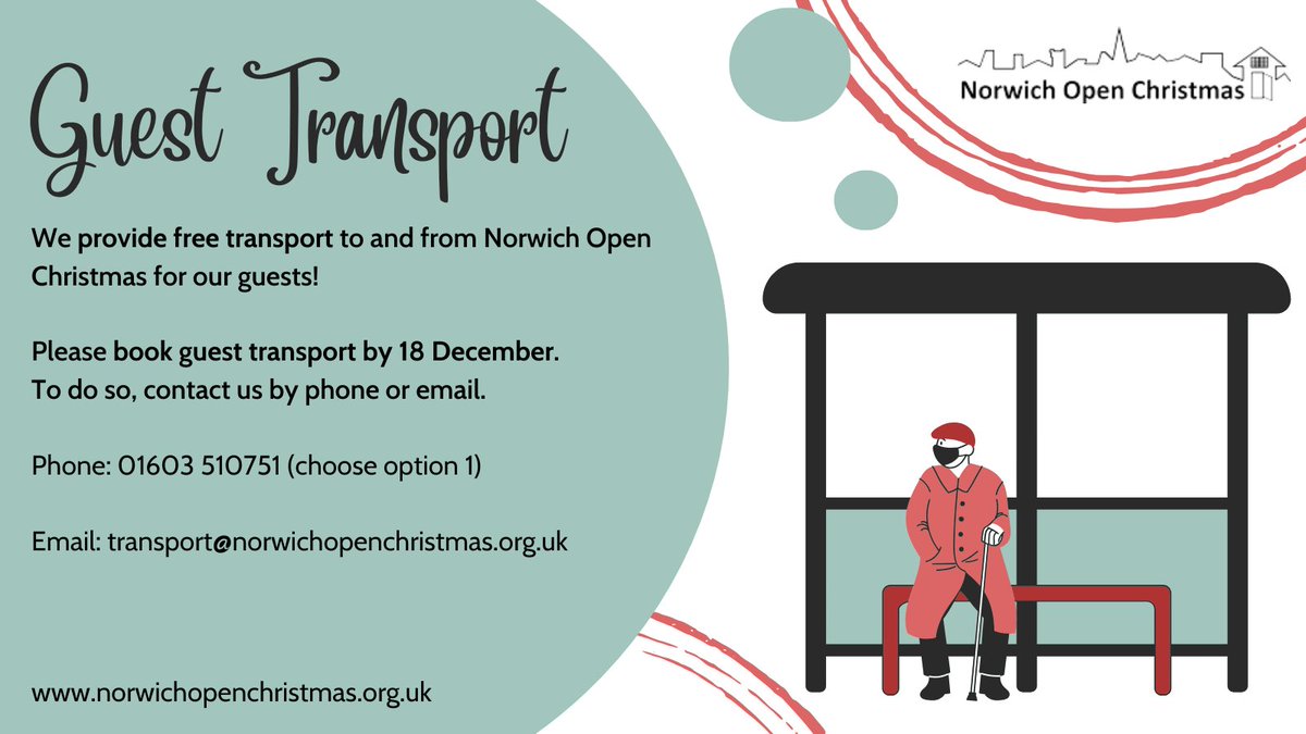 Do you want to join our Norwich Open Christmas celebration but don't have a way to get to us? No problem, we've got you covered with free transport!

To book, get in touch with us by 18 December.
Phone: 01603 510751 (choose option 1)
Email: transport@norwichopenchristmas.org.uk