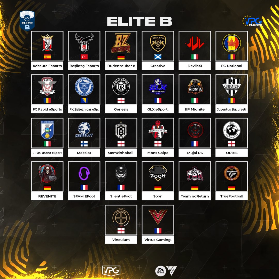 Virtual Pro Gaming (@officialvpg) on Twitter photo 🙌 Welcome to Elite B!
🏆 <a href="/VPGEurope/">Virtual Pro Gaming | Europe</a> 🇪🇺
⚽️ <a href="/EASPORTSFC/">EA SPORTS FC</a> 11v11 Clubs!
🗓️ October - December.
👉🏽 The teams!
<a href="/REVENITE_DE/">REVENITE</a> 🇩🇪
<a href="/JuventusBuc/">Juventus Bucuresti eSports</a> 🇷🇴
<a href="/ADCeutaEsports/">ADCeuta Esports</a> 🇪🇸
<a href="/MonsCalpeSC/">Mons Calpe S.C. Gibraltar</a> 🇬🇮🇬🇧
<a href="/MeeslotProClubs/">Meeslot</a> 🇫🇮
<a href="/eSportsFCRapid/">FC Rapid 1923 eSports</a> 🇷🇴
@ZeljoES 🇧🇦
<a href="/Creative11s/">Creative</a> 🏴
@FasanoeUs 🇮🇹
@SFAMEfoot 🙌 Welcome to Elite B!
🏆 <a href="/VPGEurope/">Virtual Pro Gaming | Europe</a> 🇪🇺
⚽️ <a href="/EASPORTSFC/">EA SPORTS FC</a> 11v11 Clubs!
🗓️ October - December.
👉🏽 The teams!
<a href="/REVENITE_DE/">REVENITE</a> 🇩🇪
<a href="/JuventusBuc/">Juventus Bucuresti eSports</a> 🇷🇴
<a href="/ADCeutaEsports/">ADCeuta Esports</a> 🇪🇸
<a href="/MonsCalpeSC/">Mons Calpe S.C. Gibraltar</a> 🇬🇮🇬🇧
<a href="/MeeslotProClubs/">Meeslot</a> 🇫🇮
<a href="/eSportsFCRapid/">FC Rapid 1923 eSports</a> 🇷🇴
@ZeljoES 🇧🇦
<a href="/Creative11s/">Creative</a> 🏴
@FasanoeUs 🇮🇹
@SFAMEfoot