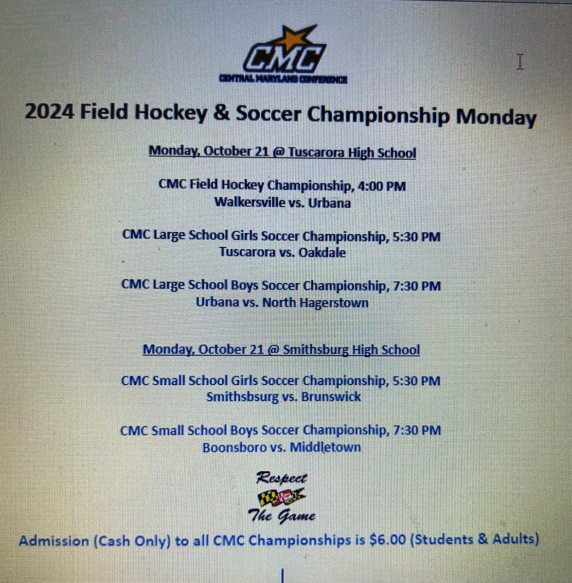 Kevin Kendro, CMAA (@fcpsathletics) on Twitter photo The schedule is set for tomorrow’s CMC Field Hockey & Soccer Championships! 🏑⚽️🏆
<a href="/FCPSMaryland/">FCPS-MD</a> <a href="/WCPSAthletics/">Eric Michael</a> <a href="/FrederickSports/">Frederick Sports</a> The schedule is set for tomorrow’s CMC Field Hockey & Soccer Championships! 🏑⚽️🏆
<a href="/FCPSMaryland/">FCPS-MD</a> <a href="/WCPSAthletics/">Eric Michael</a> <a href="/FrederickSports/">Frederick Sports</a>
