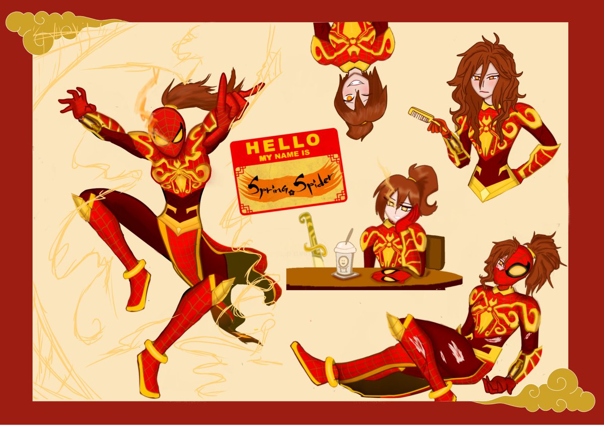 FuntimeCaullie's tweet image. Ol' ref sheet of Spring-Spider 🧧
#Spidersona #OC #Spiderverse