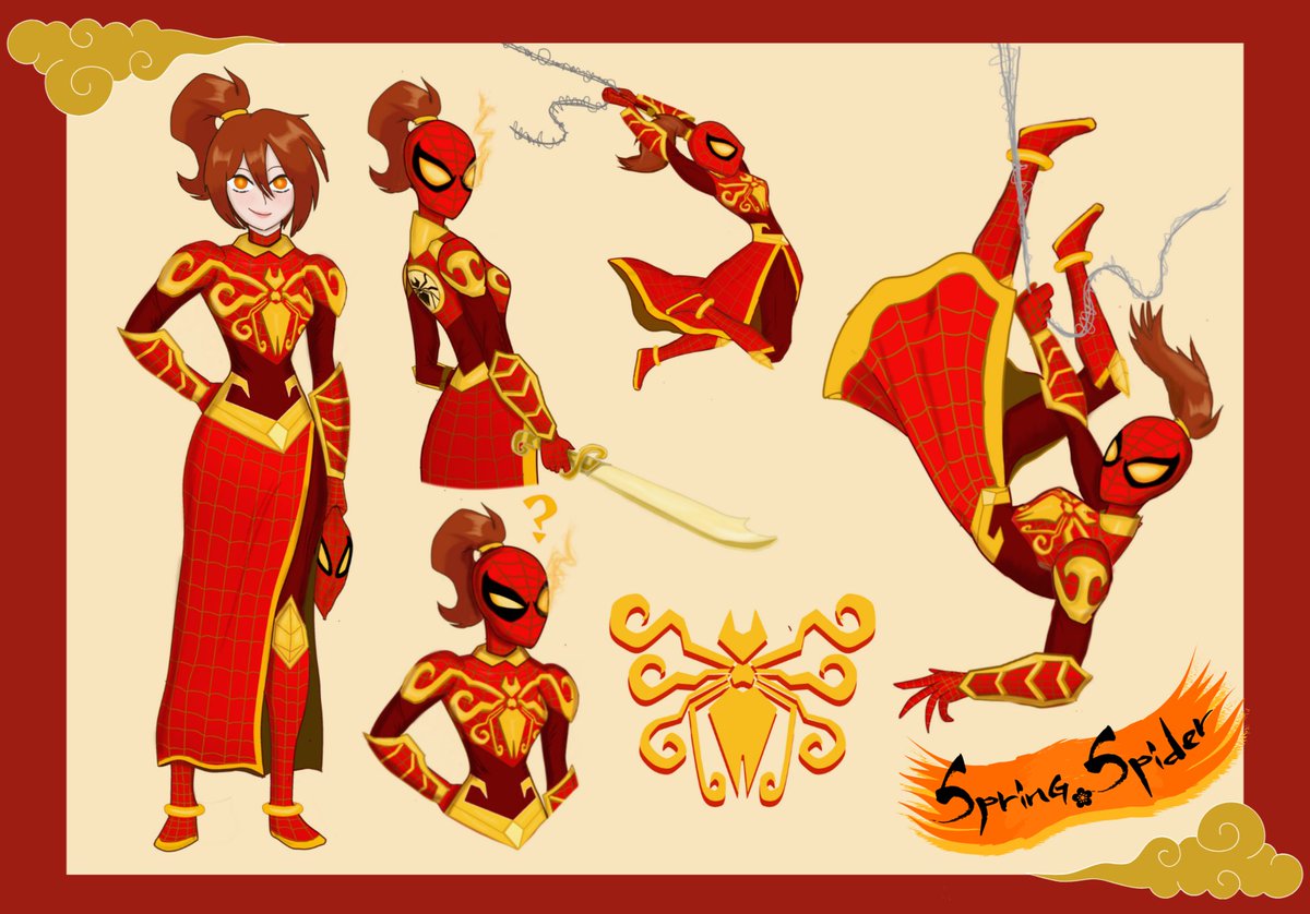 FuntimeCaullie's tweet image. Ol' ref sheet of Spring-Spider 🧧
#Spidersona #OC #Spiderverse