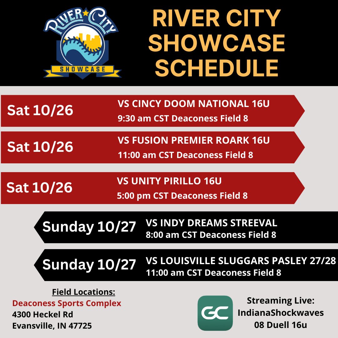 Looking forward to next weekend's River City Showcase. All games at Deaconess Sports Complex Field 8--makes it easy to remember! See you there!