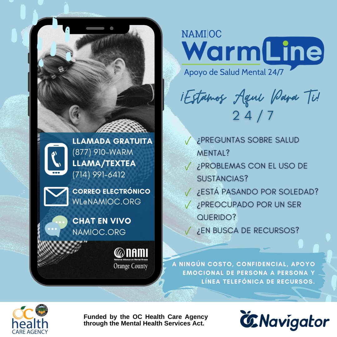NAMIOC's tweet photo. NAMI OC WarmLine is available 24/7 through talk, text and chat to provide emotional support and resources in multiple languages, such as Vietnamese, Spanish, Farsi, and English!

📞714-991-6412
🖥️https://t.co/5vNAxXvJQR

#WarmLine #NAMI #OrangeCounty #talk #text #chat #support https://t.co/uDGDl1LU11