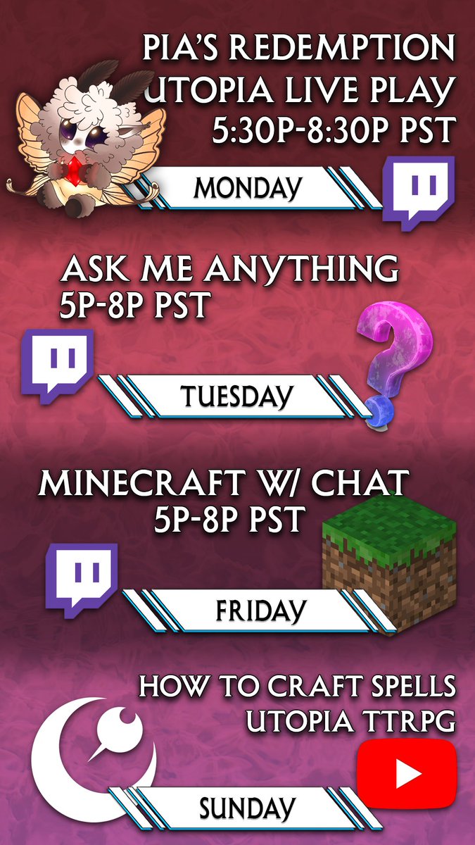 Sunday Content Schedule is out!!
Monday will be the Pia's Redemption campaign hosted by Sherbs! I'll be answering any and all questions on Tuesday during Just Chatting!

#streamschedule #twitch #youtube #utopiattrpg