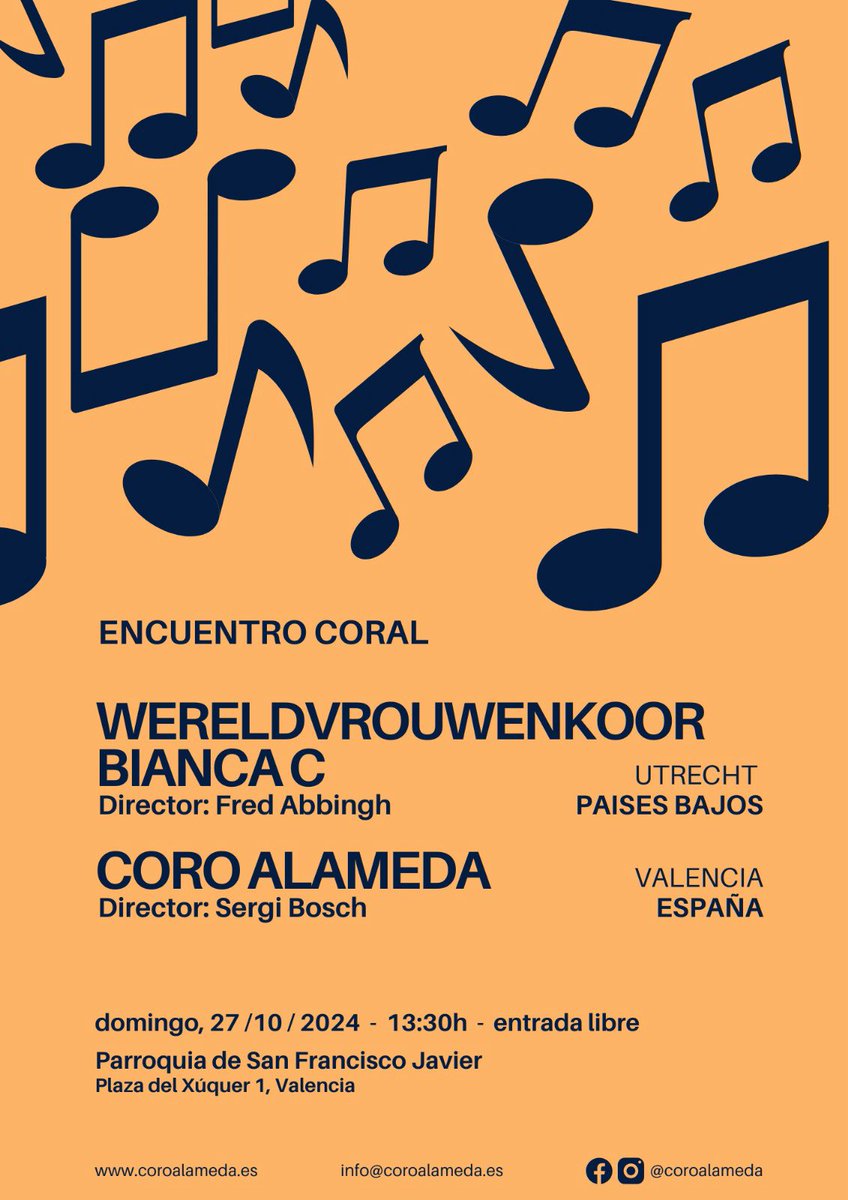 🌍🎶 Este domingo 27/10 a las 13:30h tenemos un ENCUENTRO CORAL 🎶✨con el coro Wereldvrouwenkoor de Utrecht en la Parroquia San Francisco Javier (Pl. Xúquer, 1). 

¡Entrada libre! 🎟️🕊️

¡Música de todo el mundo y mucho amor! 

Het wordt geweldig! 🇳🇱❤️ 

#CoroAlameda