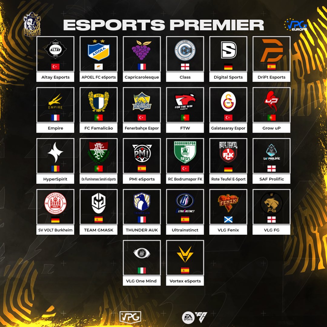 Virtual Pro Gaming (@officialvpg) on Twitter photo ๐ Welcome to <a href="/VPGPremier/">VPG Esports Premier</a> !
๐ <a href="/VPGEurope/">Virtual Pro Gaming | Europe</a> ๐ช๐บ
โฝ๏ธ <a href="/EASPORTSFC/">EA SPORTS FC</a> 11v11 Clubs!
๐๏ธ October - December.
๐ฆ The highest level of competitive clubs.
๐ Who will be crowned the next champion?
๐๐ฝ The teams!
@DigitalSportsGG ๐ฉ๐ช
@Fbespor <a href="/Fenerbahce/">Fenerbahรงe SK</a>๐น๐ท
@FamaEsports ๐ต๐น
<a href="/AltayEspor/">Altay Espor</a> ๐น๐ท ๐ Welcome to <a href="/VPGPremier/">VPG Esports Premier</a> !
๐ <a href="/VPGEurope/">Virtual Pro Gaming | Europe</a> ๐ช๐บ
โฝ๏ธ <a href="/EASPORTSFC/">EA SPORTS FC</a> 11v11 Clubs!
๐๏ธ October - December.
๐ฆ The highest level of competitive clubs.
๐ Who will be crowned the next champion?
๐๐ฝ The teams!
@DigitalSportsGG ๐ฉ๐ช
@Fbespor <a href="/Fenerbahce/">Fenerbahรงe SK</a>๐น๐ท
@FamaEsports ๐ต๐น
<a href="/AltayEspor/">Altay Espor</a> ๐น๐ท