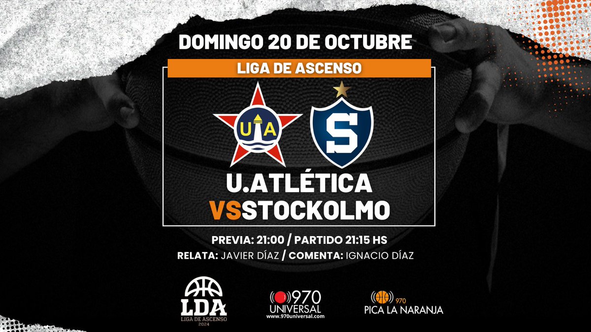 #LDA El segundo ascenso en juego.
Desde las 21 hs estamos en vivo por <a href="/universal970/">970 Universal</a> en Nuevo Malvín, 21:15 hs se enfrentan Unión Atlética-Stockolmo.
El que gana sube a la Liga Uruguaya.
Relata <a href="/javierdiazgamba/">Javier Díaz</a>, comenta Ignacio Díaz.