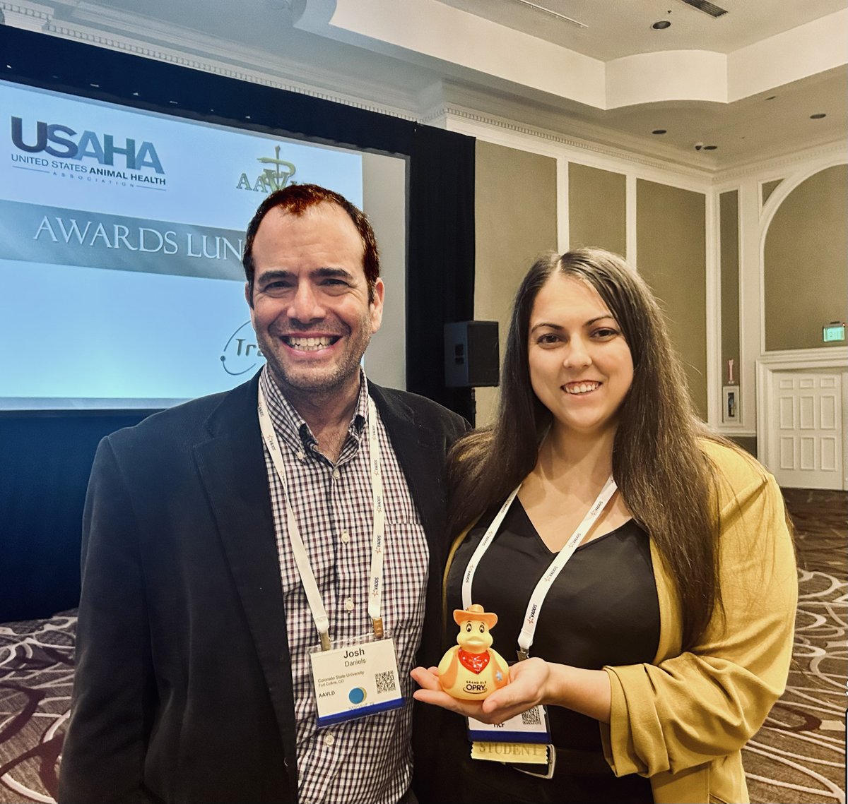 CSU_MIP's tweet photo. Congratulations to veterinary resident & PhD student Blaire MacNeill for winning the 2024 Richard L. Walker #Bacteriology Award for Best Oral Presentation at the #AAVLD/#USAHA meeting! Pictured with #CSU bacteriology section head Josh Daniels & a Nashville memento. https://t.co/mcpyIyoCEl