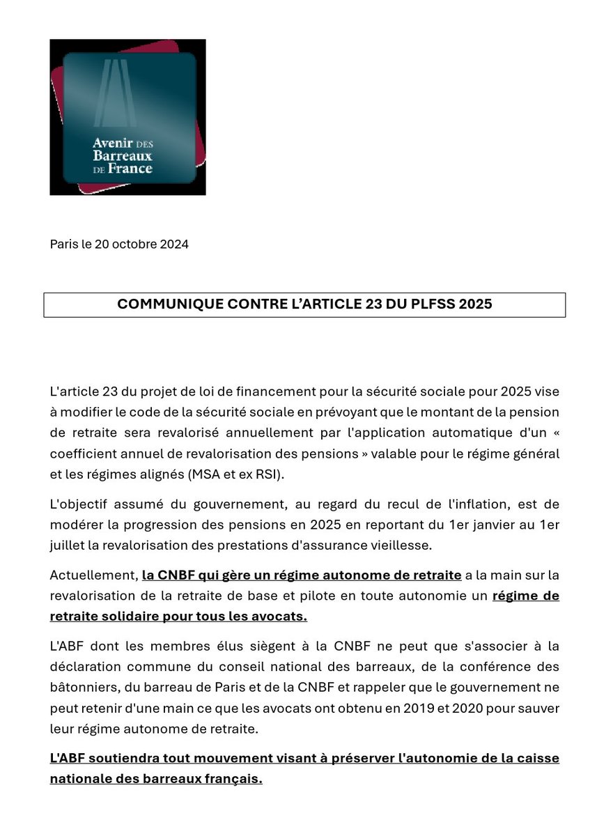 ⚠️ Contre l'article 23 du PLFSS pour 2025
L'ABF soutiendra tout mouvement visant à préserver l'autonomie de la caisse nationale des barreaux français.