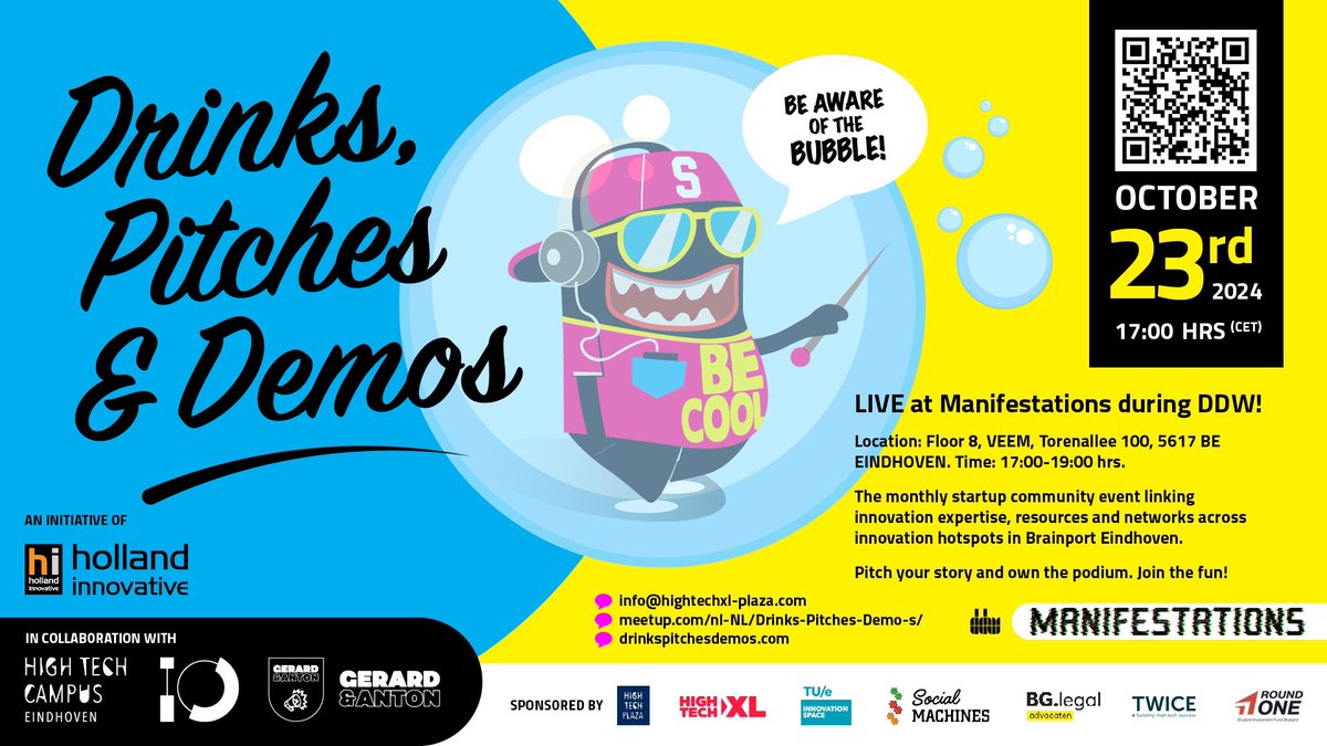 On October 23rd, join us for a special <a href="/dutchdesignweek/">Dutch Design Week</a> edition of Demos, Pitches &amp; Drinks <a href="/Manifestations_/">Manifestations NL</a> 2024! A great opportunity to see how art, technology, design, &amp; entrepreneurship come together. 📍 Veem Building, <a href="/StrijpS/">Strijp-S</a> Floor 8 ⏰ 17:00-19:00.