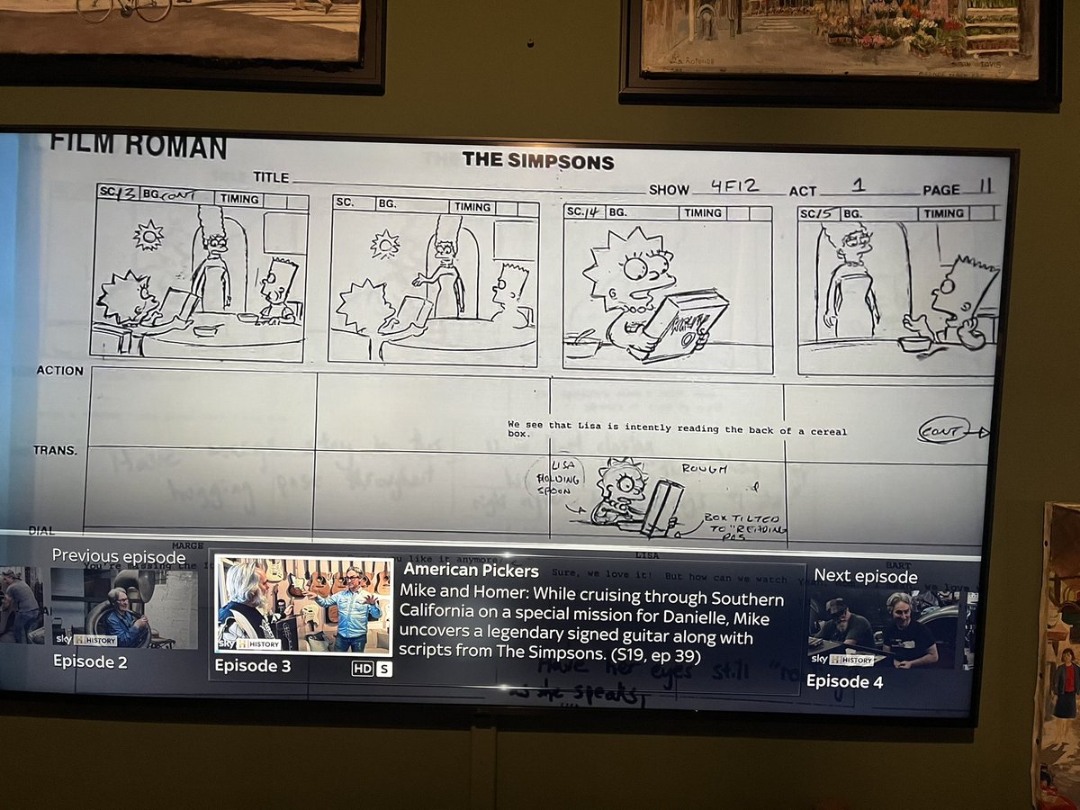 PrintsPhilip's tweet photo. @hEnereyG @TalkSimpsonsPod @thatbilloakley I’m watching the show American Pickers and they are visiting ex Simpsons writer, Donick Cary, who has storyboards for the Poochy episode. Weird coincidence. https://t.co/65EHC77lgq