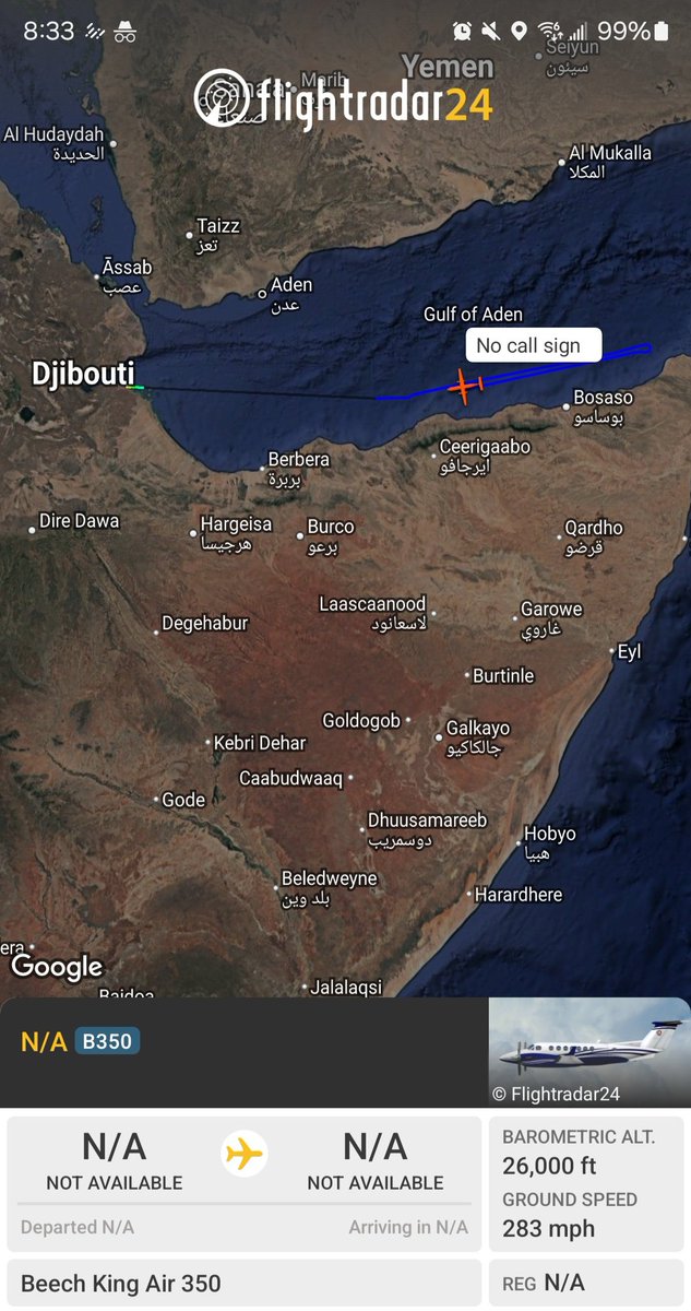 Borrowed7Time's tweet photo. A Beech King Air 350 ISR platform out of Djibouti, operating over the Gulf of Aden off the Puntland-Somaliland coast. This is likely German contractor D-CUTE #3CF6C2.
@Dinlas3 @WAAT_Band @sipjack1776 @IntelNightOWL https://t.co/jkMyaU8NRc