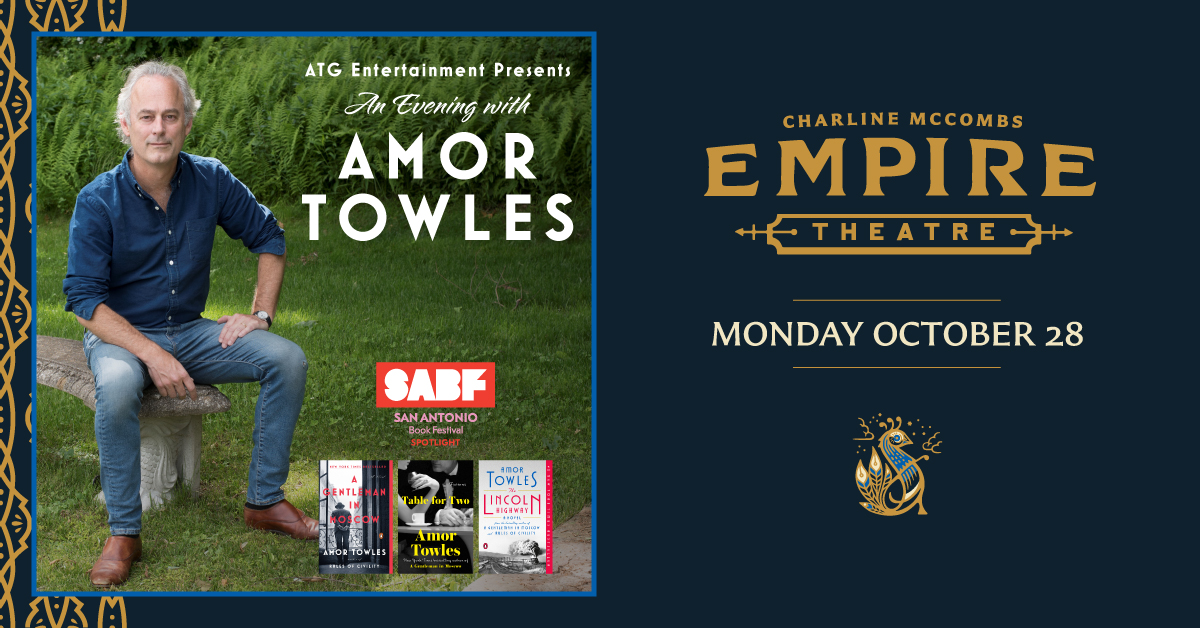 amor towles (@amortowles) on Twitter photo Hey, SAN ANTONIO! come join me next Monday night at the Empire Theater--thanks to <a href="/SABookFestival/">San Antonio Book Festival</a>. As usual, I'll be all hat, no cattle.
Info can be found at sabookfestival.org/event/amor-tow… Hey, SAN ANTONIO! come join me next Monday night at the Empire Theater--thanks to <a href="/SABookFestival/">San Antonio Book Festival</a>. As usual, I'll be all hat, no cattle.
Info can be found at sabookfestival.org/event/amor-tow…