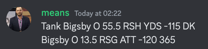 Chris Meaney (@chrismeaney) on Twitter photo Hot start this morning <a href="/FTNBets/">Finding The Net Bets</a>
Tank Bigsby O 13.5 RSH ATT & O 55.5 RSH YDS ✅✅
Week 7 NFL Props: ftnfantasy.com/bets/nfl/bet-t… Hot start this morning <a href="/FTNBets/">Finding The Net Bets</a>
Tank Bigsby O 13.5 RSH ATT & O 55.5 RSH YDS ✅✅
Week 7 NFL Props: ftnfantasy.com/bets/nfl/bet-t…
