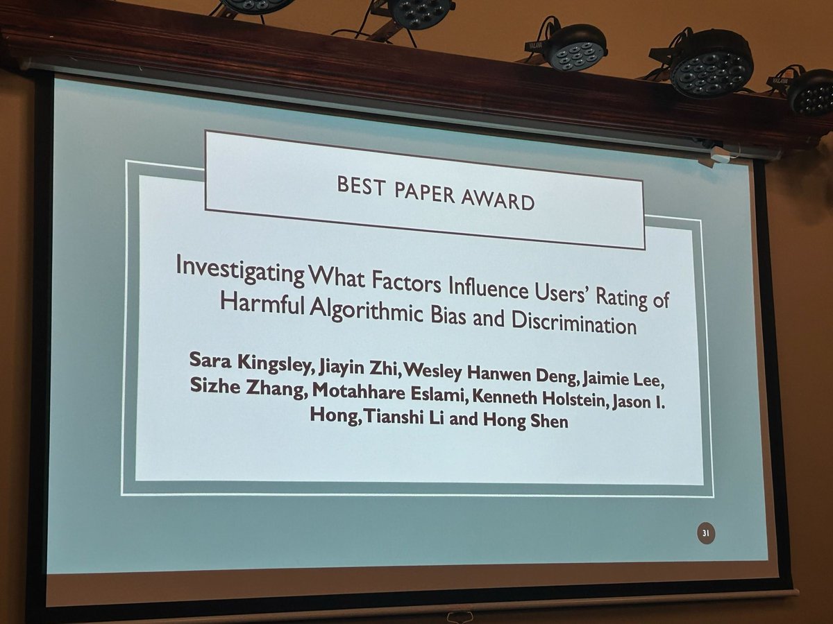 hongshenus's tweet photo. Thrilled to share that we got the Best Paper Award this year at HCOMP! This paper looks at how users’ identities and experiences might impact their rating of harmful algorithmic biases. See link here for the full paper: https://t.co/VDLRHXK1mM https://t.co/lFdOsek5yI