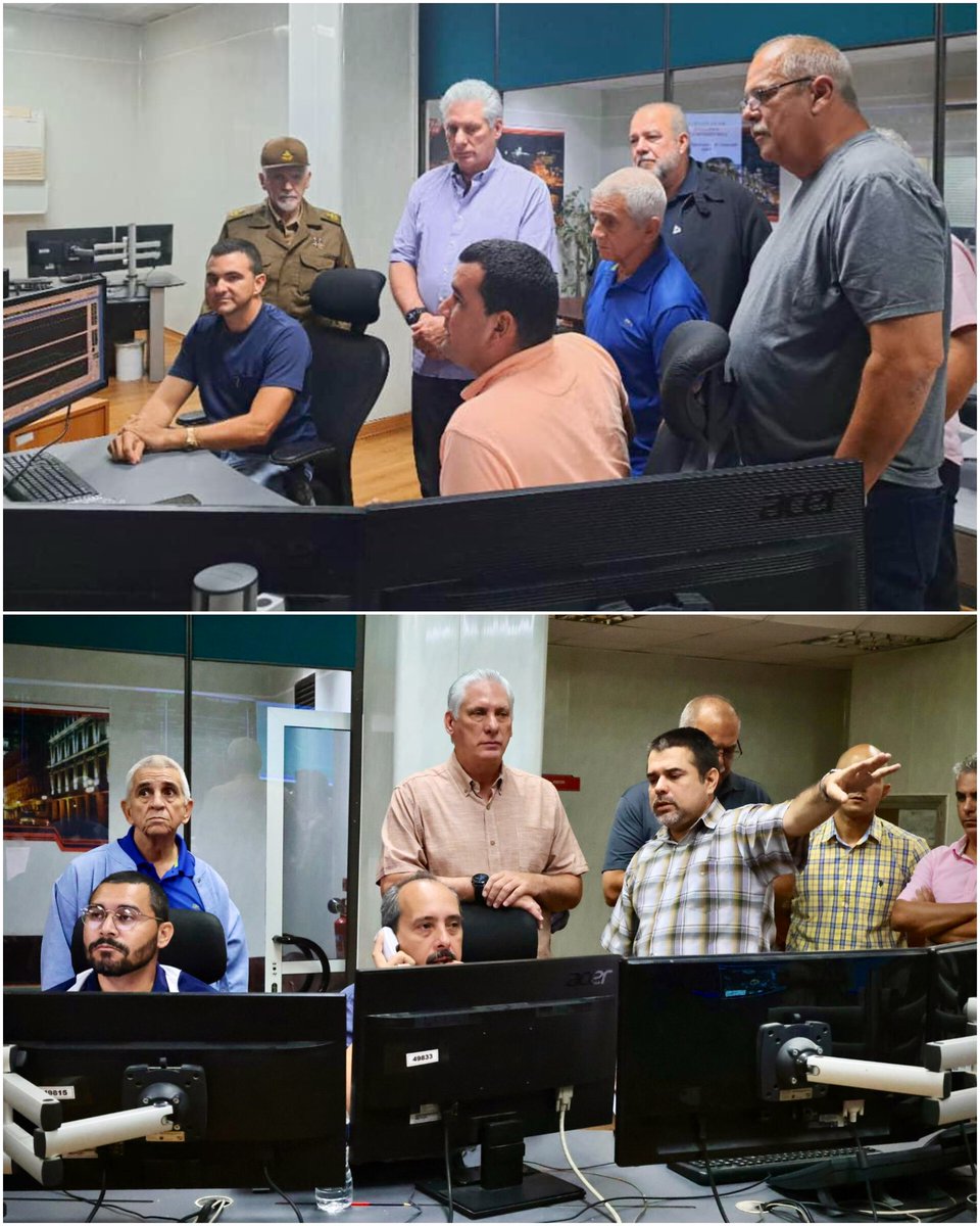 DiazCanelB's tweet photo. Hemos estado la madrugada y esta mañana en el Despacho Nacional de Carga. Se van fortaleciendo los microsistemas en el país y La Habana recibe energía de manera paulatina. Trabajo complejo pero se dan pasos seguros. Dijimos que no descansaremos hasta el total restablecimiento. https://t.co/42UuIU8D9V