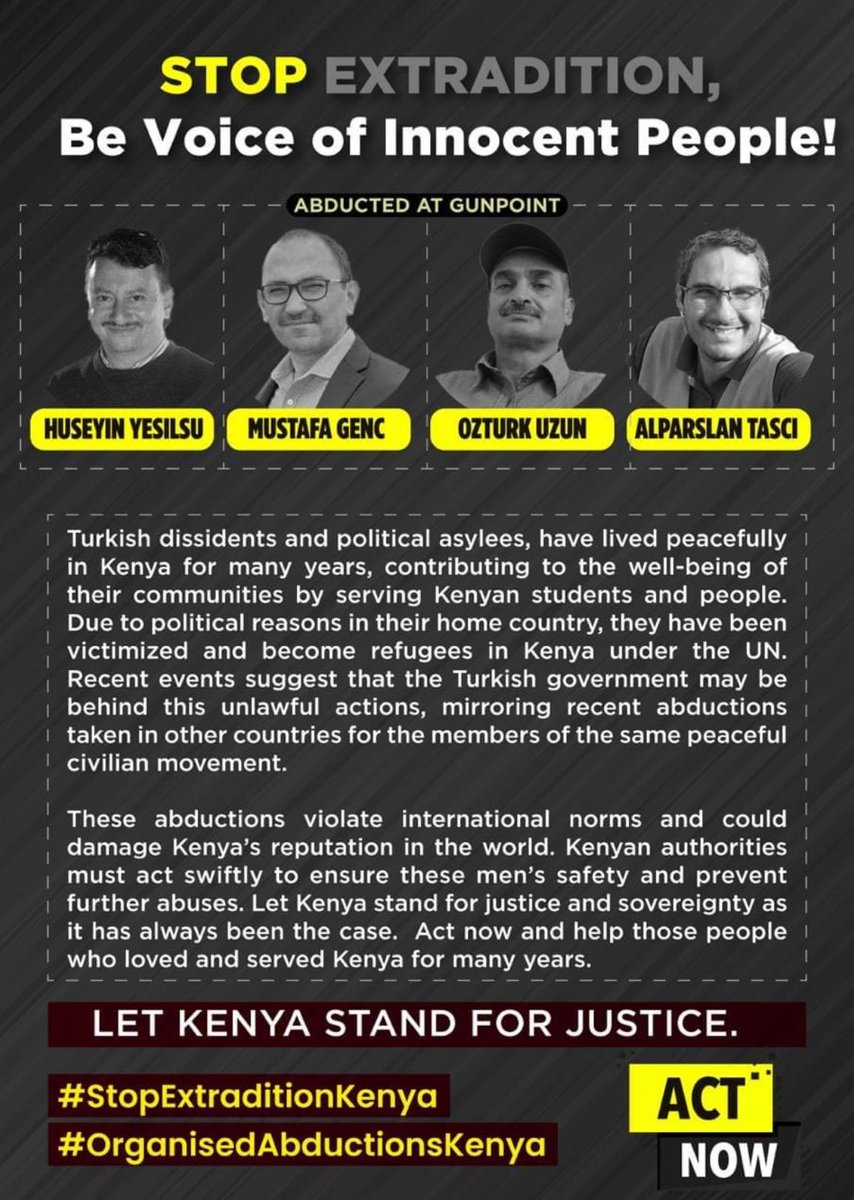 1Ortag43677's tweet photo. Kenya Police Service @PoliceKE, these 4 people were abducted in your country.

We have no information about their fate.
Their families and everyone is worried!
Can you find these people?
@UN @NOS @BBC @WilliamsRuto @ArnoWellens @MikeSonko
KaçırılanTürkler Bulunsun
#EmergencyKenya https://t.co/UuTgRQUFZT