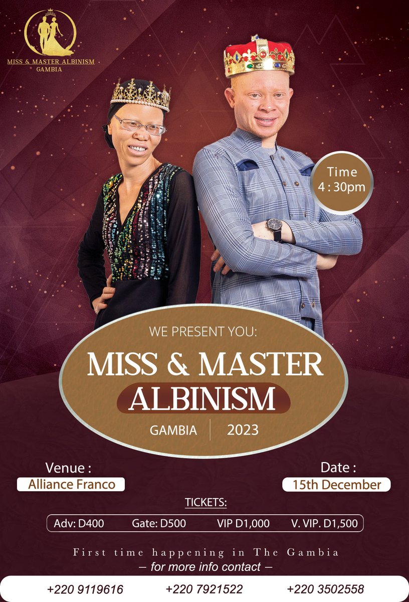 We did the branding for the Miss &amp; Mr Albinism Gambia.
We created their official logo, flyers, invitation cards nd also took all the advert pictures they needed for the event.
We partnered with their team on handling their branding and visibility and it all went good as planned.