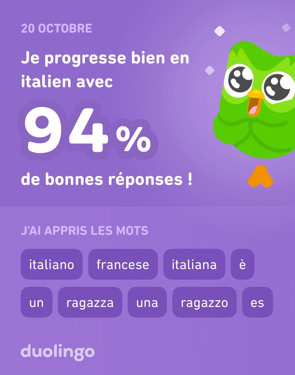 CaroleCaze's tweet photo. J'apprends l'italien avec Duolingo ! C'est gratuit, fun et efficace. https://t.co/kqn8iNb1Zg