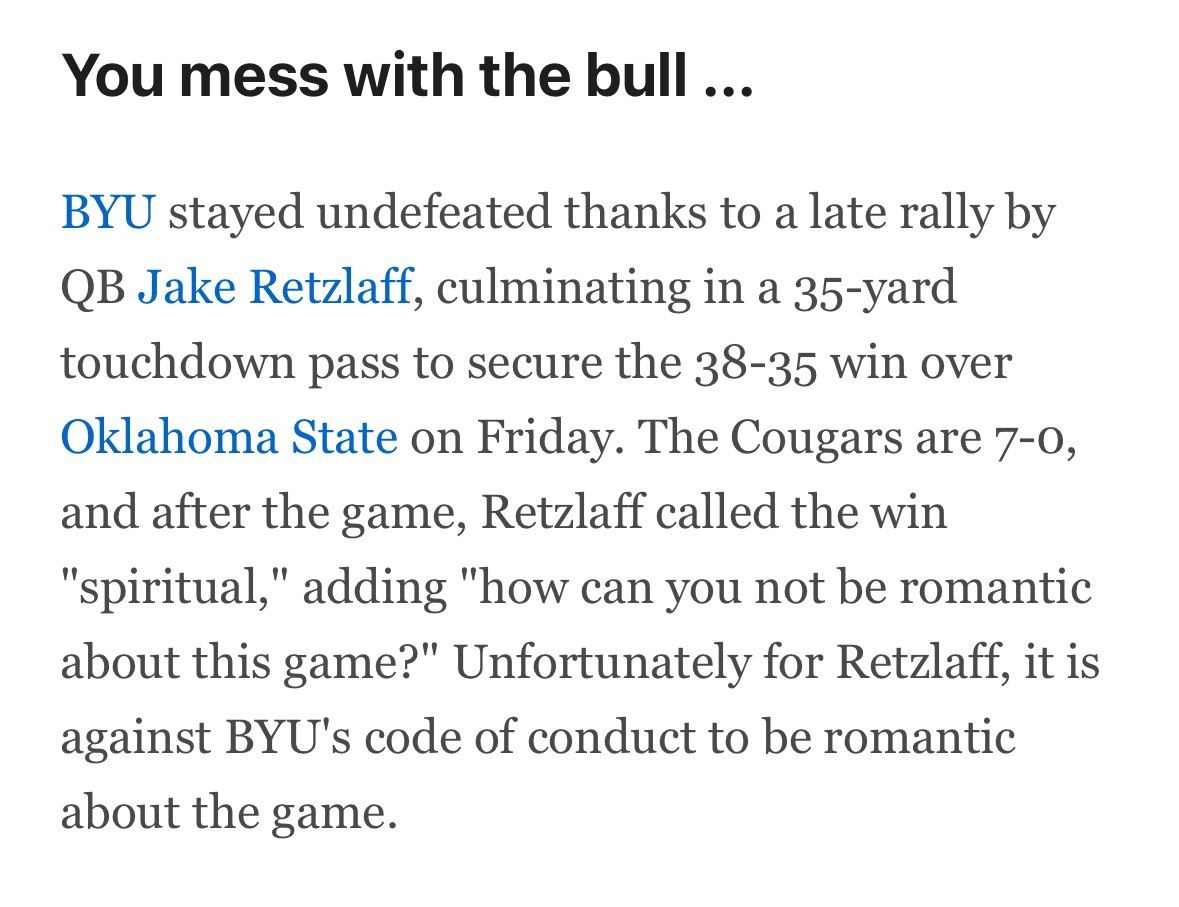 RogerLKay's tweet photo. Gee, I wonder who @espn wants to see in the CFP from the Big XII - from this story you’d think it wasn’t @BYUfootball that scored a 35-yd TD with 10 seconds left. Or that UCF didn’t score a TD on the play right after the dropped ball at the 1 yd line. https://t.co/eMCwpZT1RX