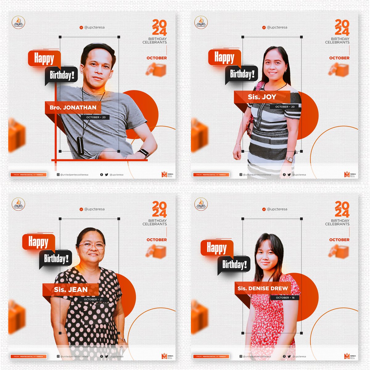 upcteresa's tweet photo. ✨OCTOBER | 2024 BIRTHDAY CELEBRANTS‼️✨🎂

1. Sis. Careen - 01
2. Bro. Alfredo - 01
3. Sis. Leizel - 03
4. Sis. Vicky - 04
5. Bro. Eduard - 07
6. Bro. Len - 10
7. Bro. James - 11
8. Sis. Letty - 11
9. Sis. Denise Drew - 16
10. Sis. Lorie - 17
11. Bro. Jonathan - 20 https://t.co/7bo4yLTJa7