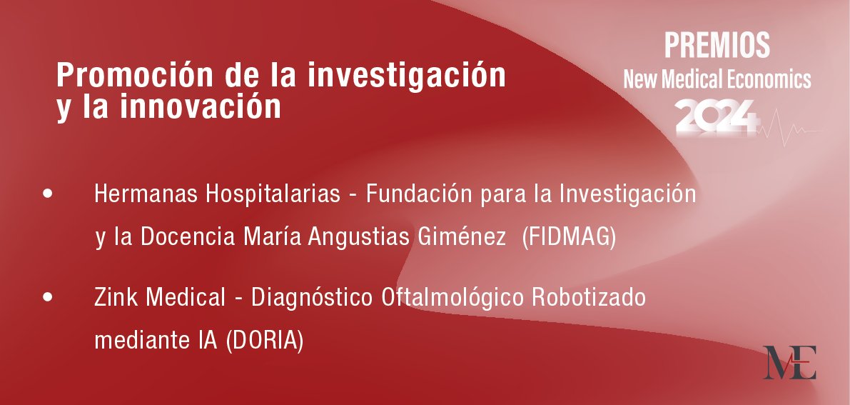#PremiosNME2024❗Ganadores de la categoría promoción de la investigación y la innovación

☑️ @HHospitalariaES  -  (<a href="/fidmag_research/">FIDMAG</a> )

☑️ ZINK MEDICAL - DORIA

¡Enhorabuena!

🔗 Acceso al listado completo aquí newmedicaleconomics.es/notas-de-prens…
