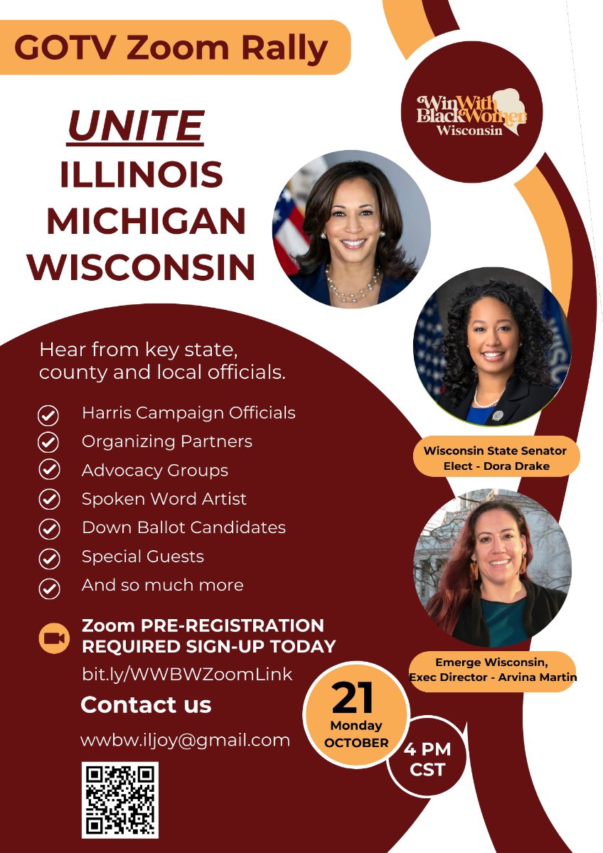 DoraEDrake's tweet photo. Join me TOMORROW at 4pm with @winwithblackwomen, Executive Director of Emerge WI Arvina Martin, and other leaders for our GOTV rally for VP Kamala Harris!

Pre-registration is required, sign up today! 

https://t.co/Kp8fvlHwA8 https://t.co/prCWHBeqAb